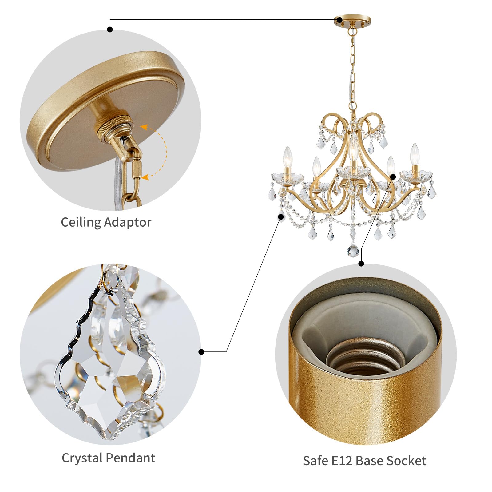 WUZUPS Crystal 5-Light Chandelier Pendant Ceiling Light, Gold, H 20.9" x W 21.7", Modern Lighting Fixture for Bedroom, Kitchen, Bathroom