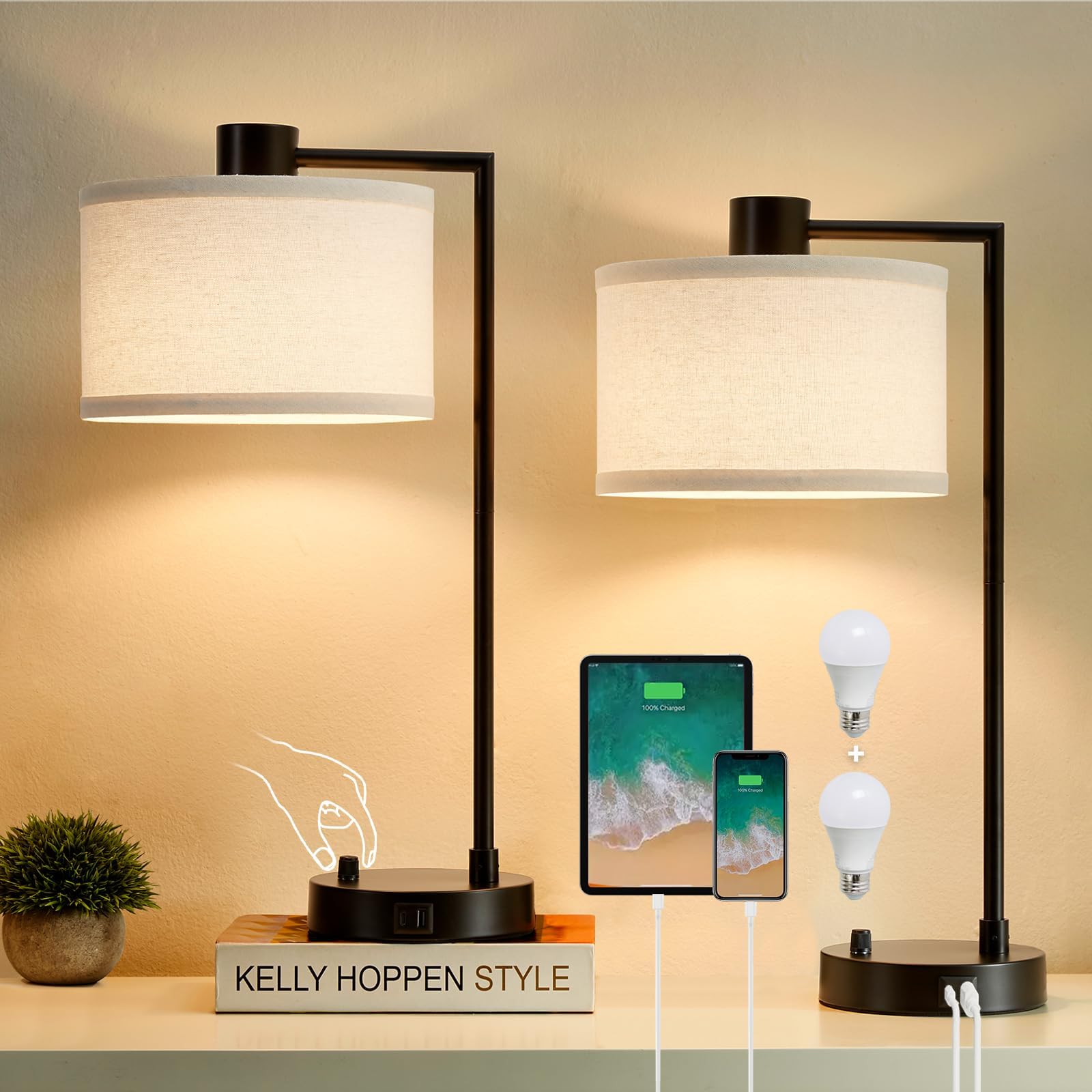 Luvkczc Table Lamp for Bedroom Set of 2 with USB C+A Ports, Fully Stepless Dimmable Bedside Lamp with Linen Lampshade, Contempor