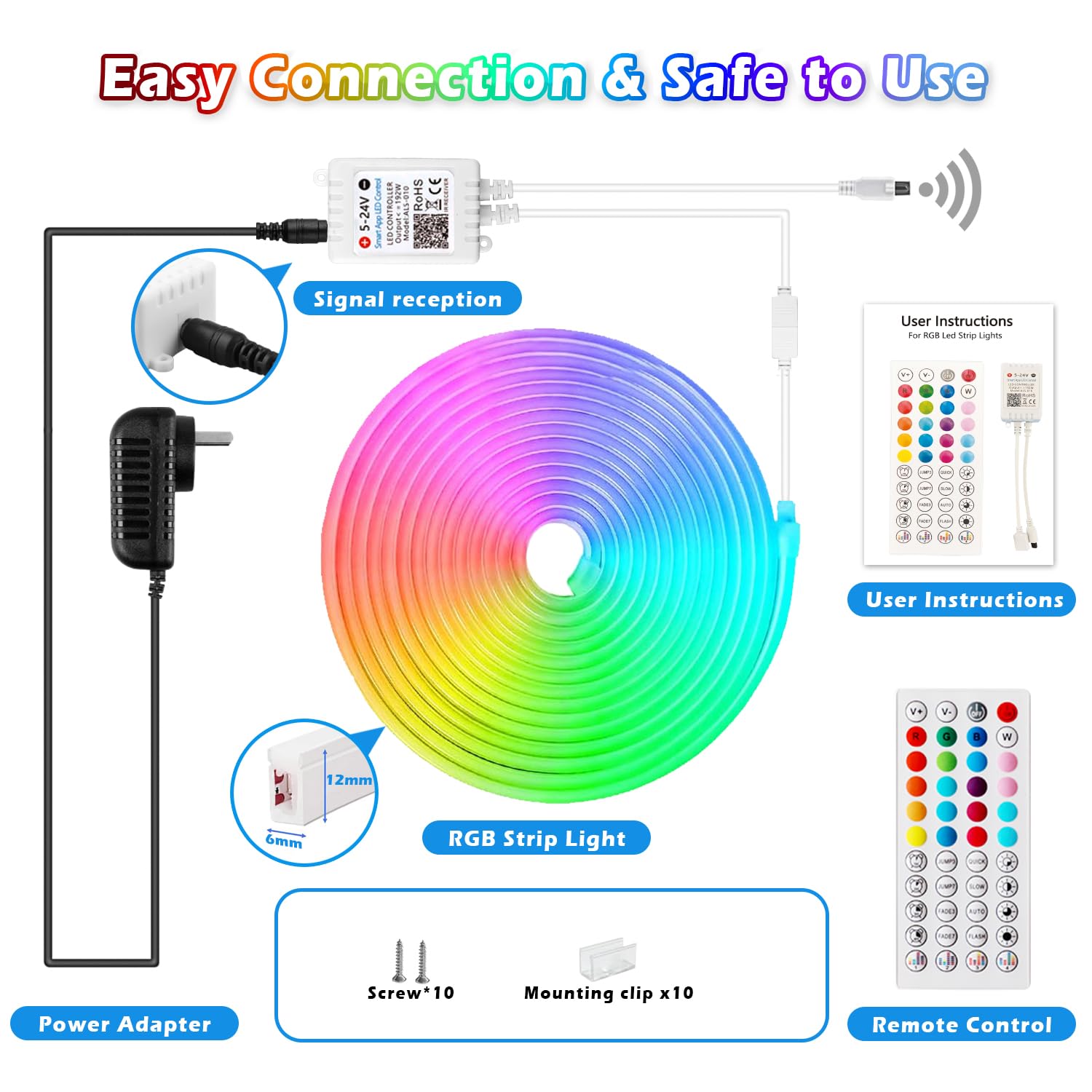 L8star RGB 16.4ft LED Neon Rope Light with Remote Control, Flexible Plastic Strip for Indoor/Outdoor Decor, Model L82M