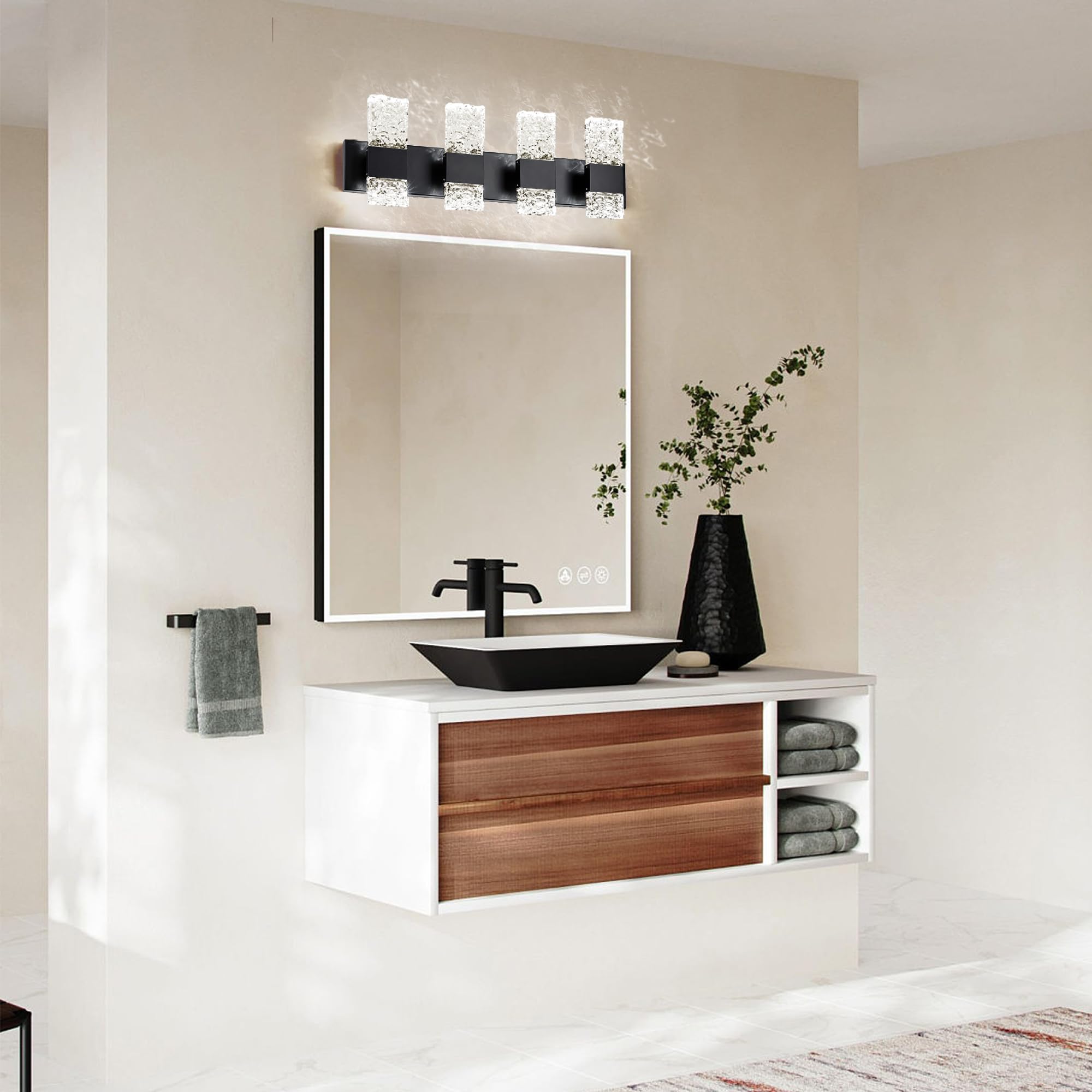 Oylyw 4-Light Black Crystal Bathroom Vanity Light, Modern Led Wall Light, 6000K Cool Light