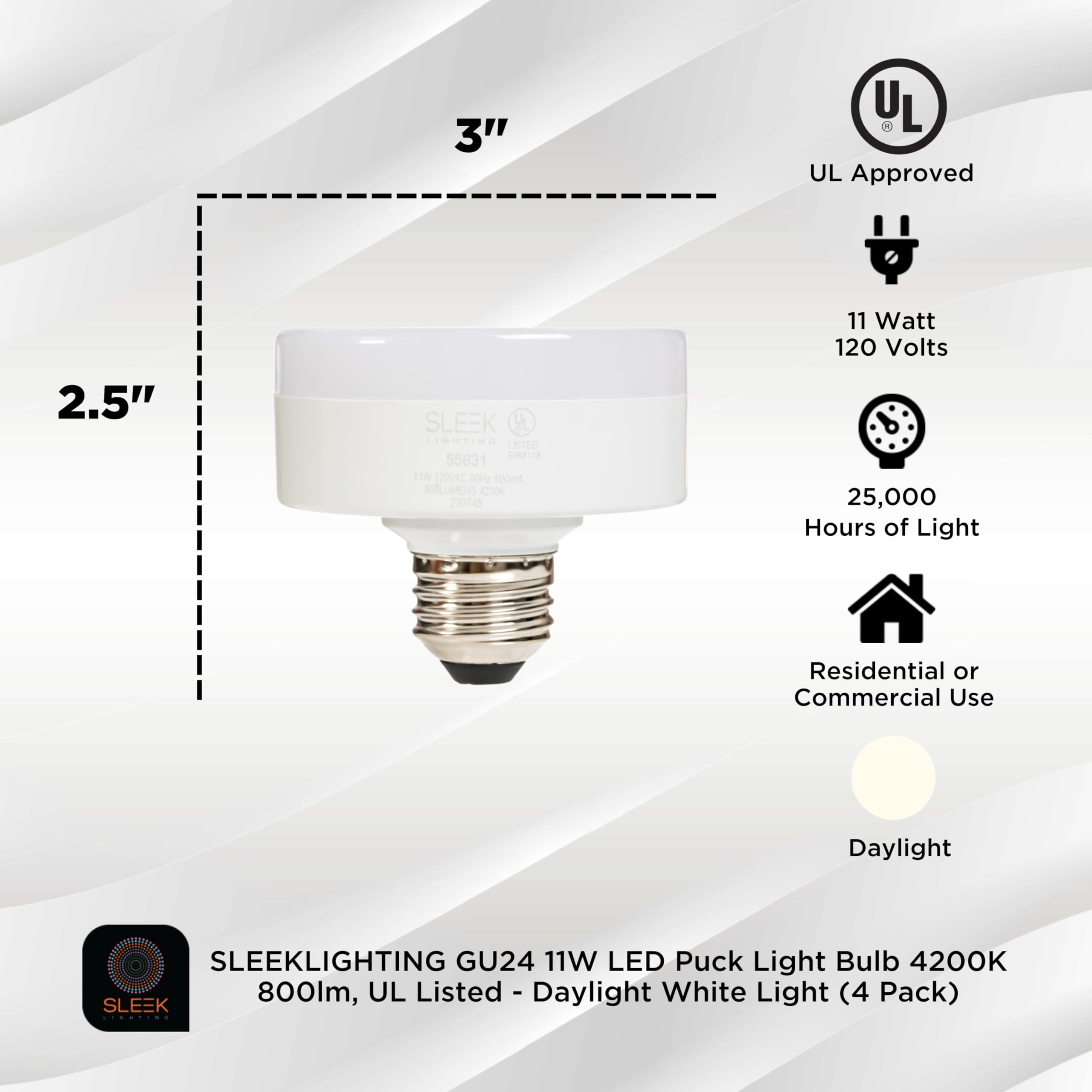 Sleeklighting E26 11W 75W Eq, Led Puck Light Bulb Dimmable 4200K 800Lm, Ul Listed - Cool Light (4 Pack)