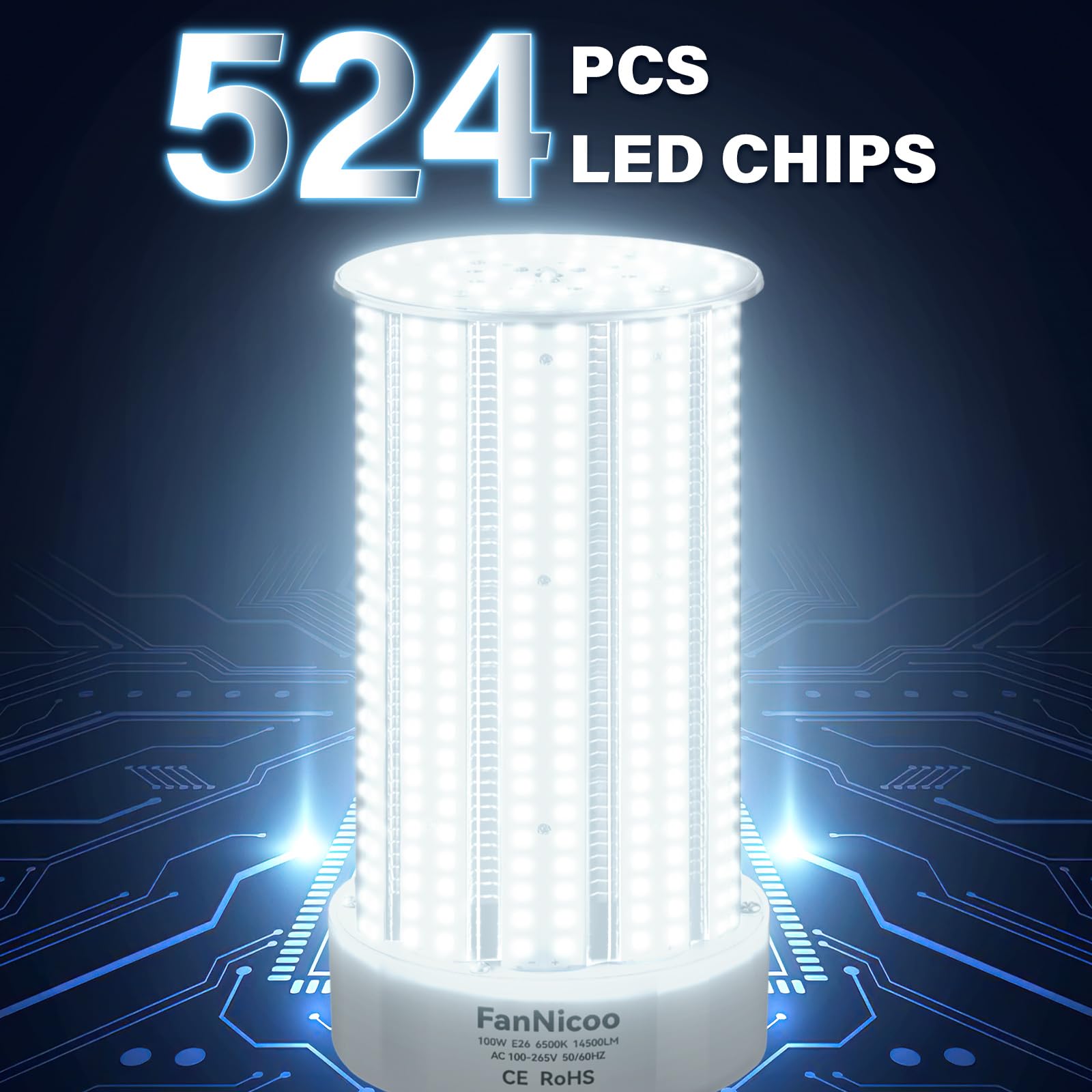 FanNicoo 2 Pack 100W LED Corn Bulbs, 1200W Equivalent, 14500 Lumen, 6500K Daylight White, E26/E39 Base,