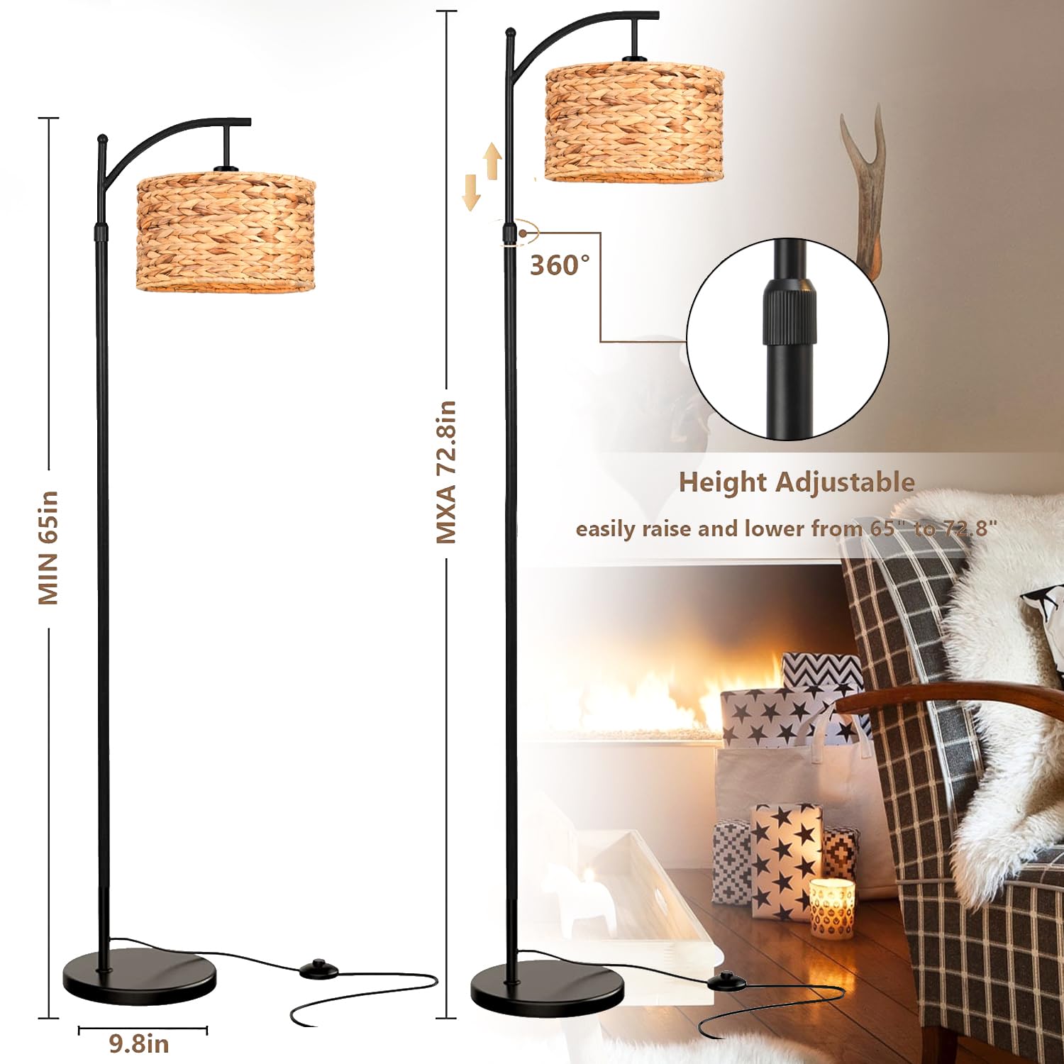 Qiyizm Floor Lamp For Living Room Bedroom With Remote Boho Rattan Standing Lamp Dimmable Black Farmhouse Wicker Bamboo Lamp Shad