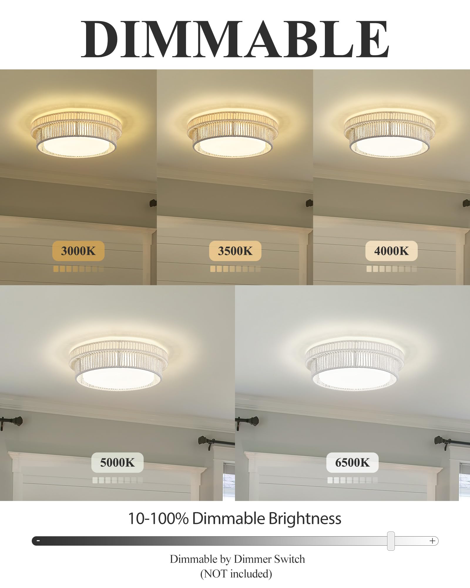 HWH Rattan Ceiling Light Fixture, 24W LED Flush Mount, Hand-Woven Twine, 16in  Size, White, Model 5HYS78MF-LED WH