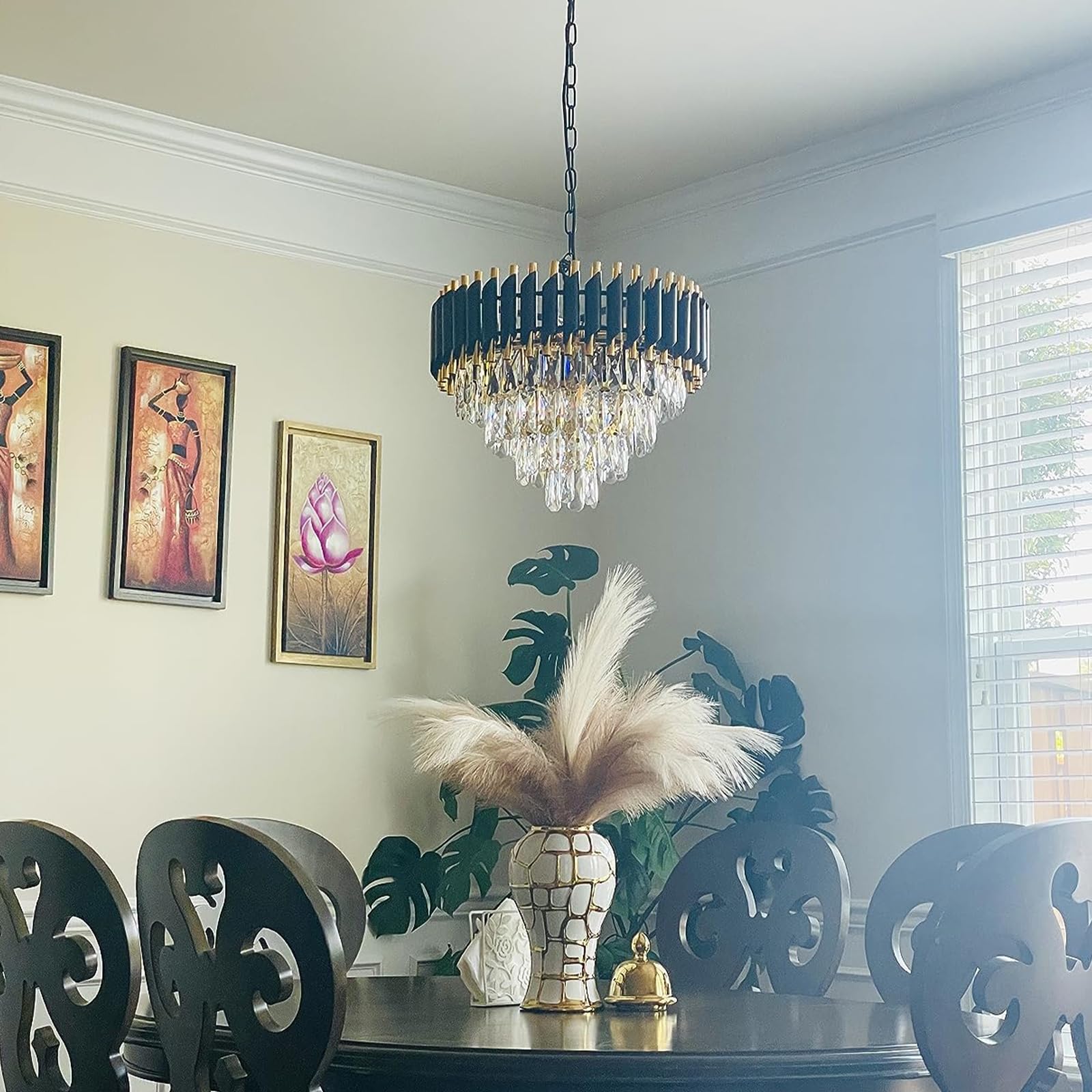 Gold Modern Crystal Chandeliers 4-Tier K9 Round Black And Gold Crystal Chandelier Light Fixture 7 Lights Hanging Pendant Ceiling