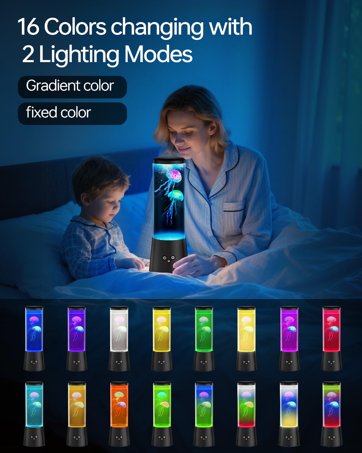 Bodami Jellyfish Lamp - LED Fantasy Tank Light with 16 Color Settings, Black, Model 8606 - Perfect for Home Office & Bedroom Decor