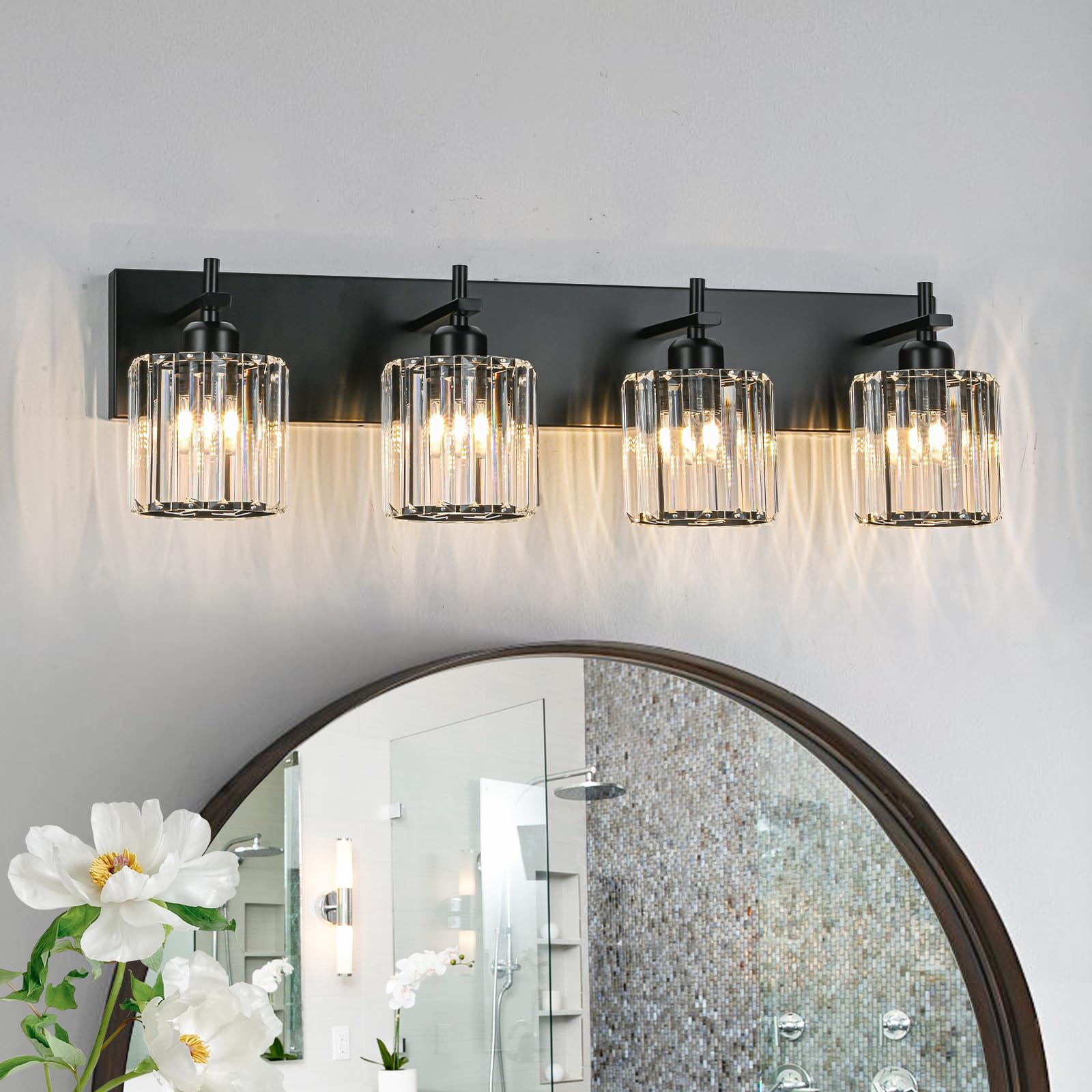 HUOKU 4-Light Bathroom Vanity Light Fixture, Black Metal with Crystal Round Shade