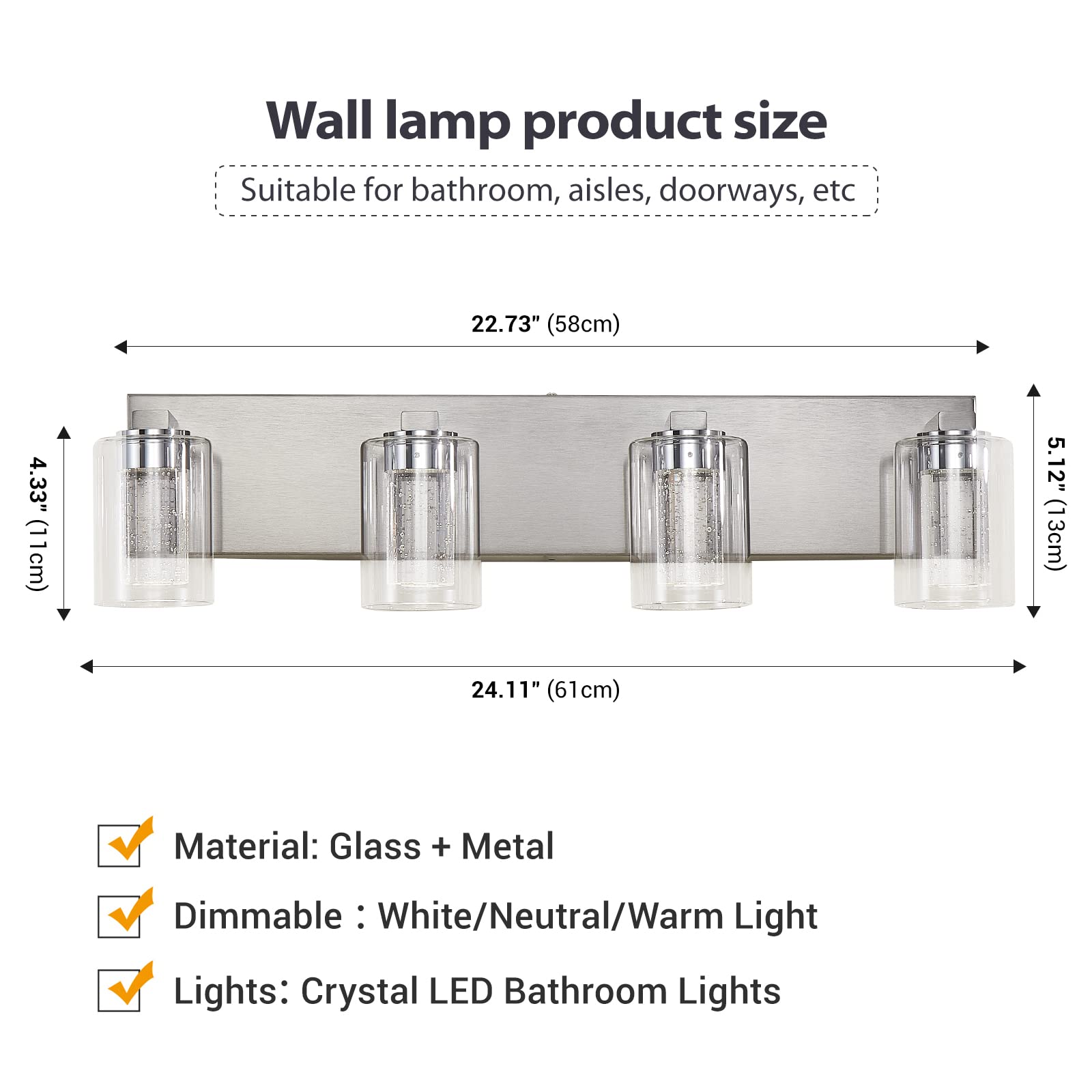Yenlacy Bathroom Vanity Light, 4-Light Brushed Nickel, Dimmable 3-Color Crystal Bubble Glass