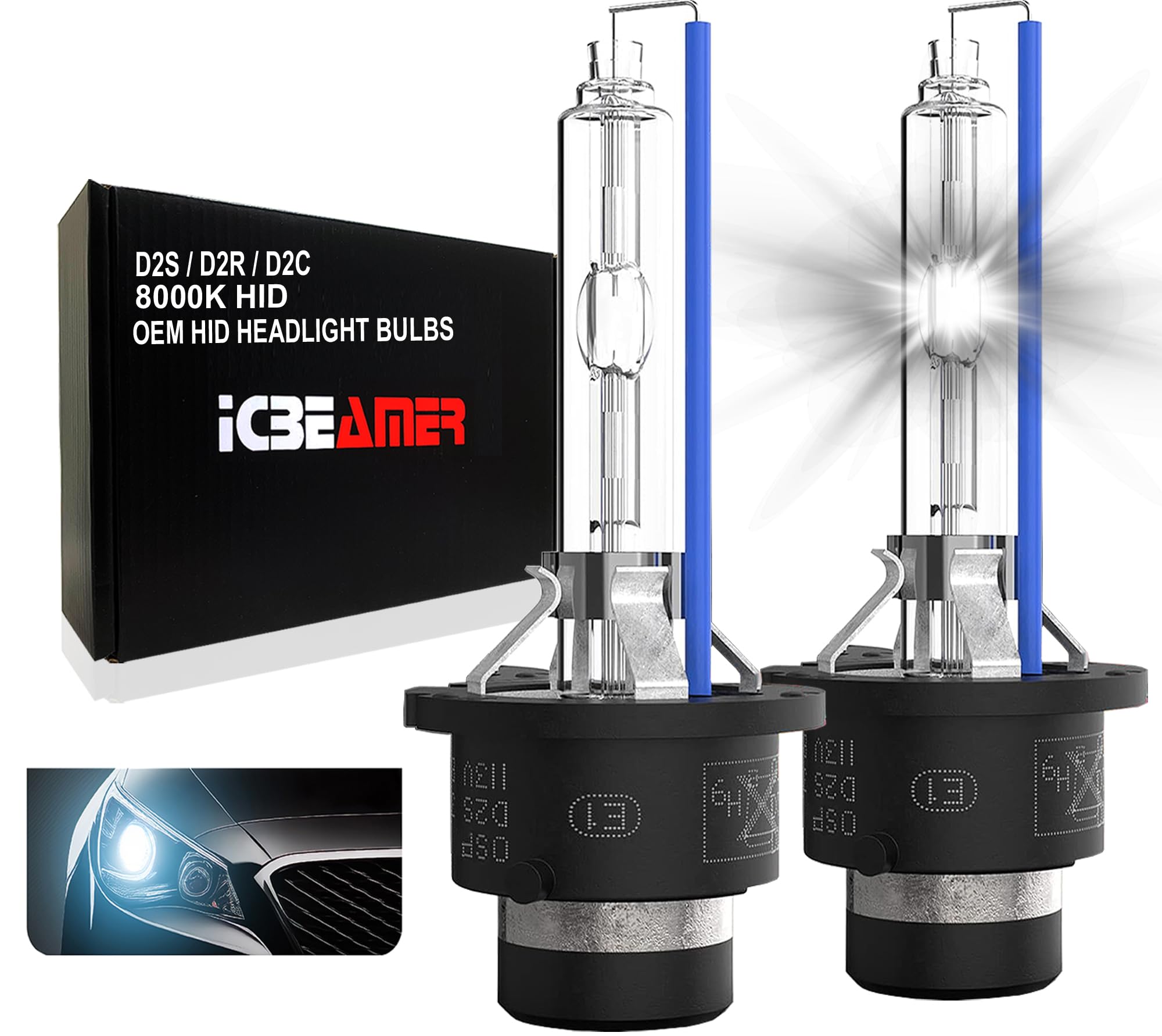 ICBEAMER D2S/D2R Xenon HID Headlight Bulb 8000K Light Blue Direct Replacement 66040 66240 85122 Model D2-AMA-800