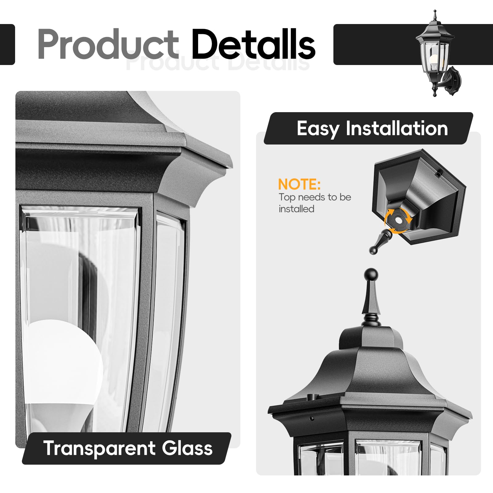 EMART Dusk to Dawn Outdoor Porch Light, Black Aluminum & Glass Wall Sconce, Modern 2 Pack, Waterproof, Model EM-AGL-2-PS, Bulb Included