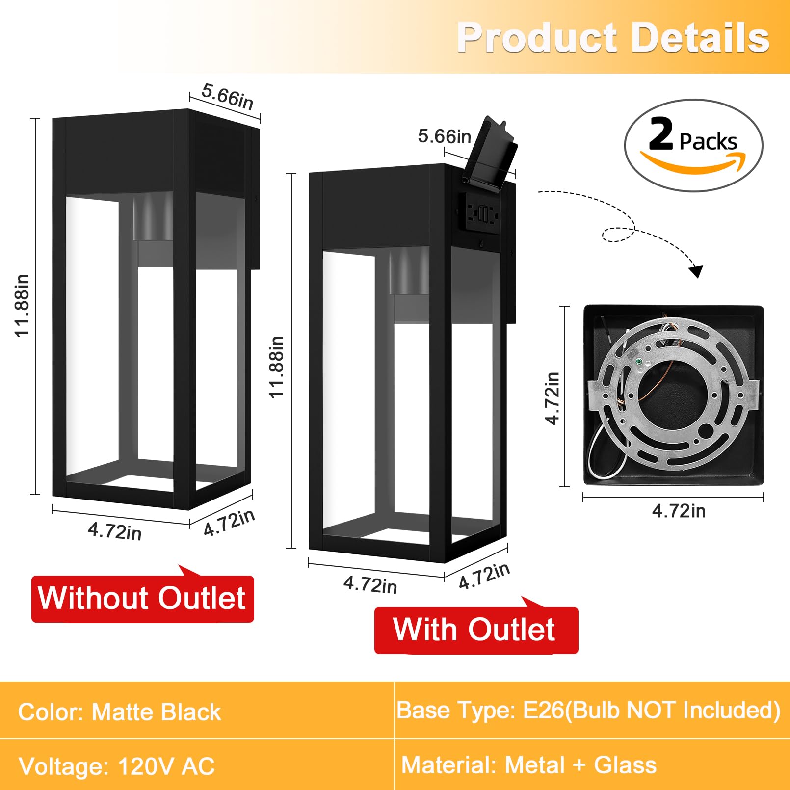 Oykyohei Outdoor Wall Lanterns With Gfci Outlet, Waterproof, Anti-Rust, 2 Pack - Black
