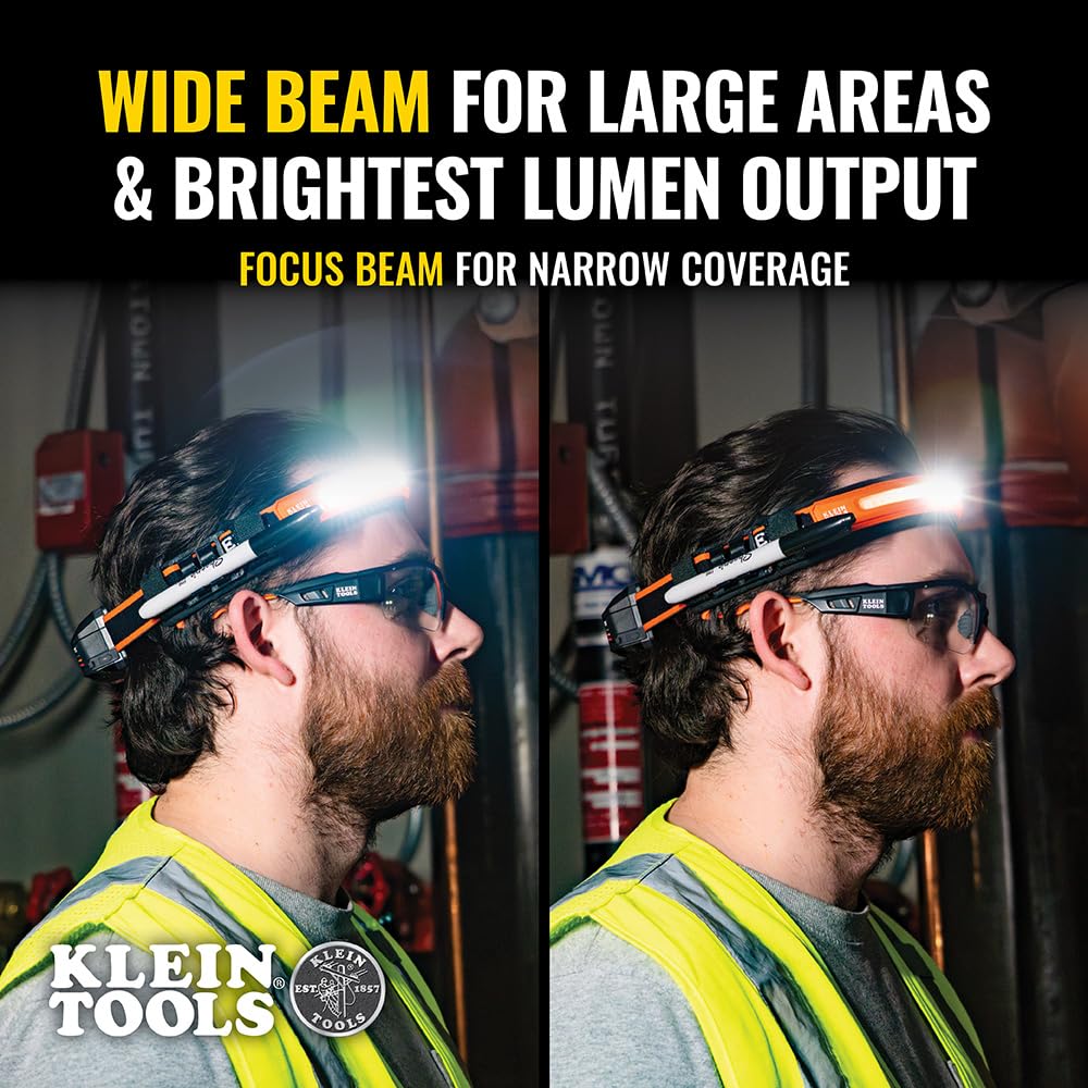 Klein Tools 56308 Rechargeable Headlamp, 575 Lumens, Wide-Beam LED, One Size, Black, Silicone Material