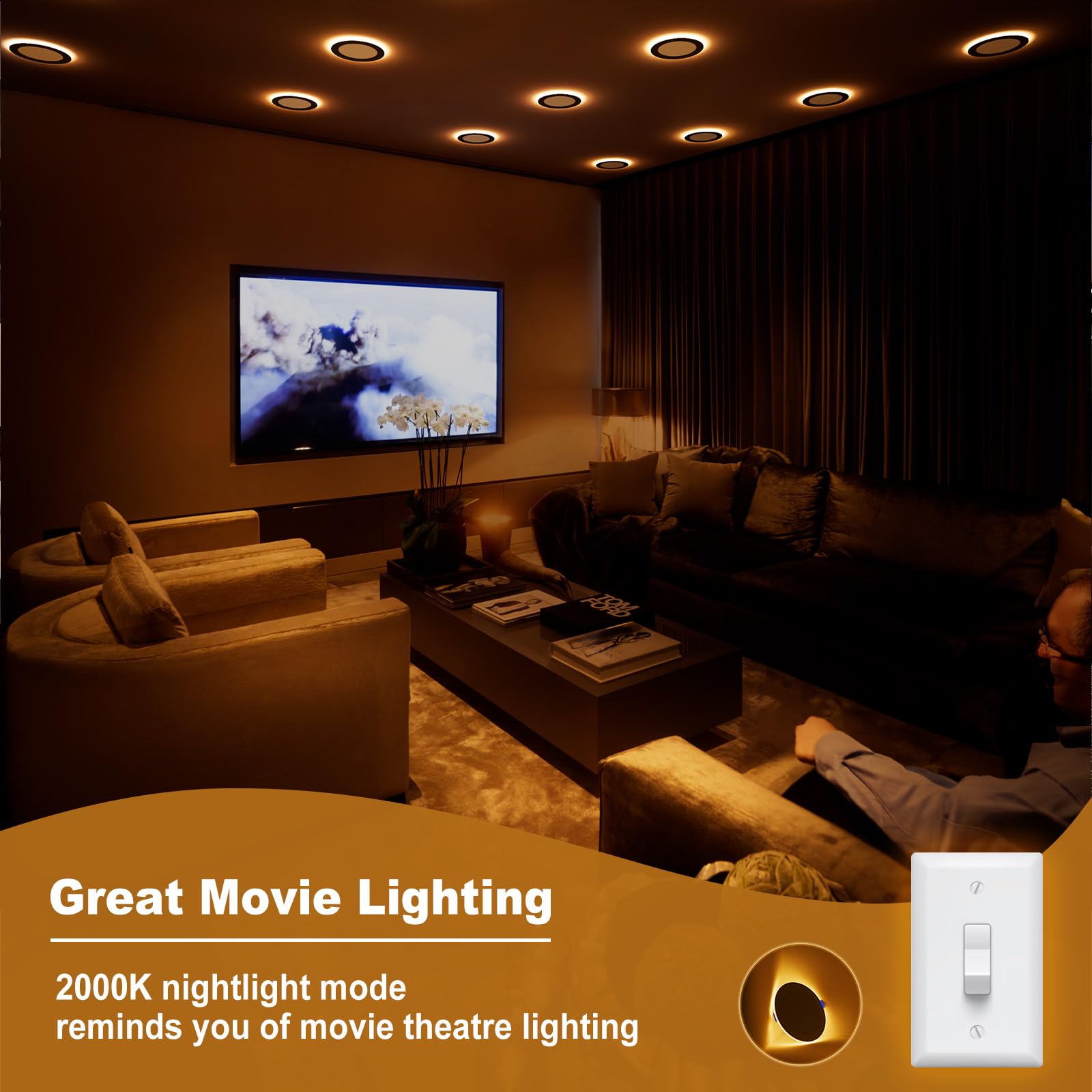 Volisun 12 Pack 6 Inch Black Recessed Light With Night Light, Canless Led Recessed Lighting 6 Inch, 2700K-5000K Selectable, 12W=