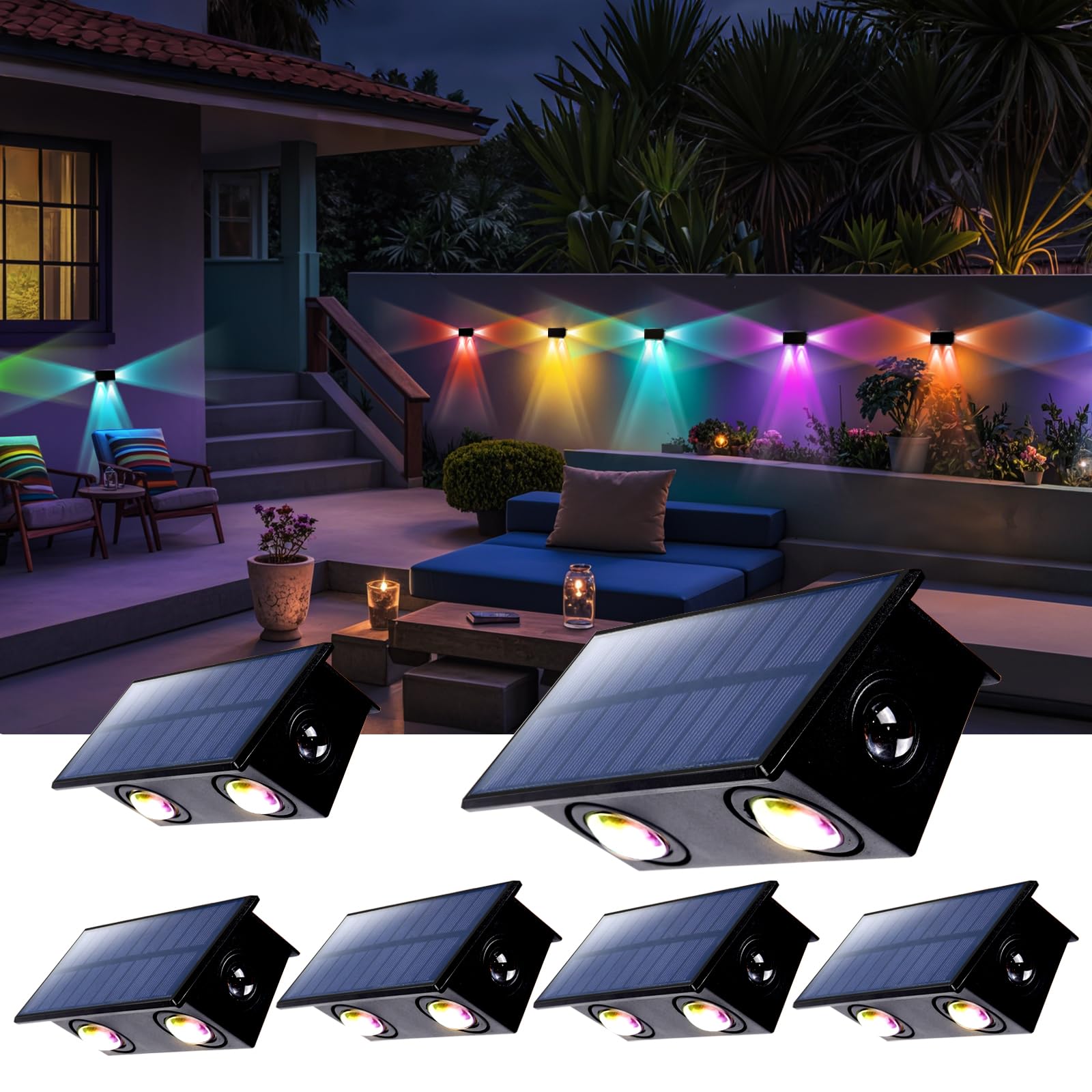 Fence Lights Solar Powered Outdoor Waterproof 3 Sided Wall LED Landscaping for Yard  Deck  Patio  Rail  Garage  Pool  Balcony  Energy Efficient Warm White Safety (Multicolor  3Sides-6Pack Light)
