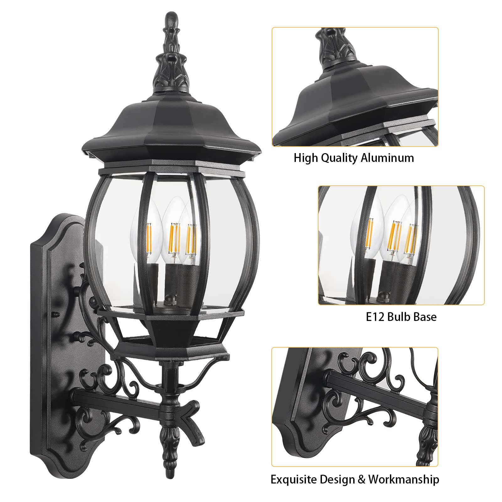 Krychiler 3-Light Black Outdoor Wall Lantern - Waterproof Wall Sconce For Porch Lighting