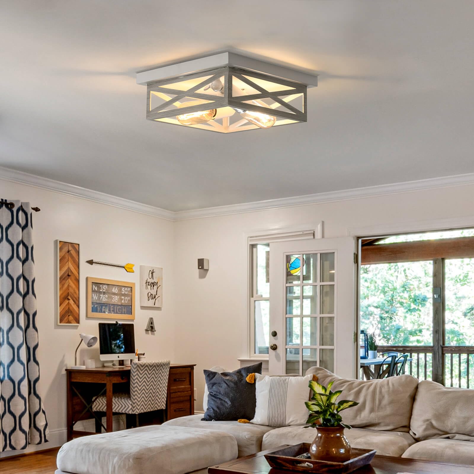 Dikaida White Farmhouse Ceiling Light Fixtures, Industrial Kitchen Ceiling Light Fixture For Bedroom, 2-Light Rustic Metal Finis