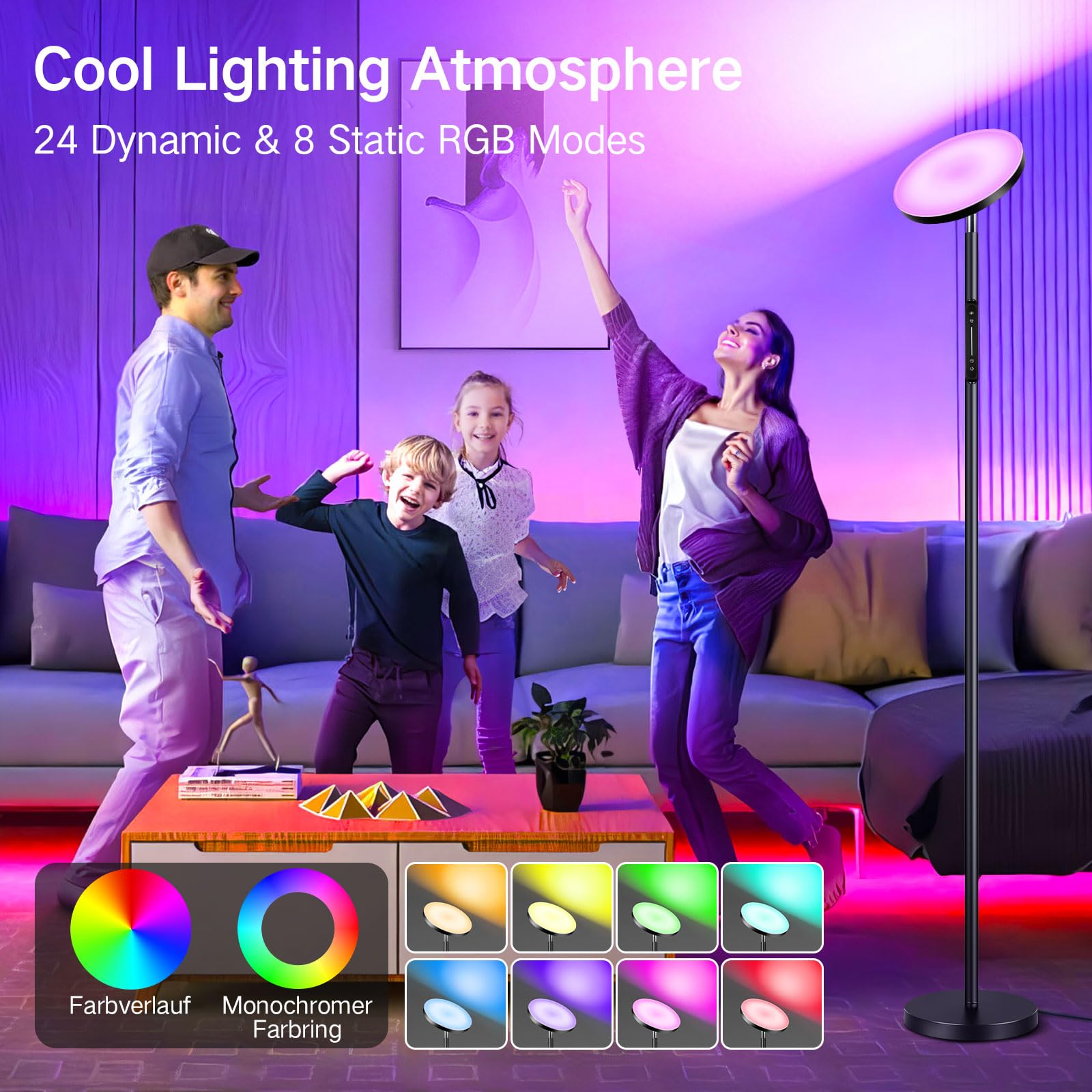 OUTON Smart RGB Floor Lamp, 36W Dimmable LED Torchiere, Black, Model DGEUFL0016-RGBCW-B, APP & Remote Control, Ideal for Living