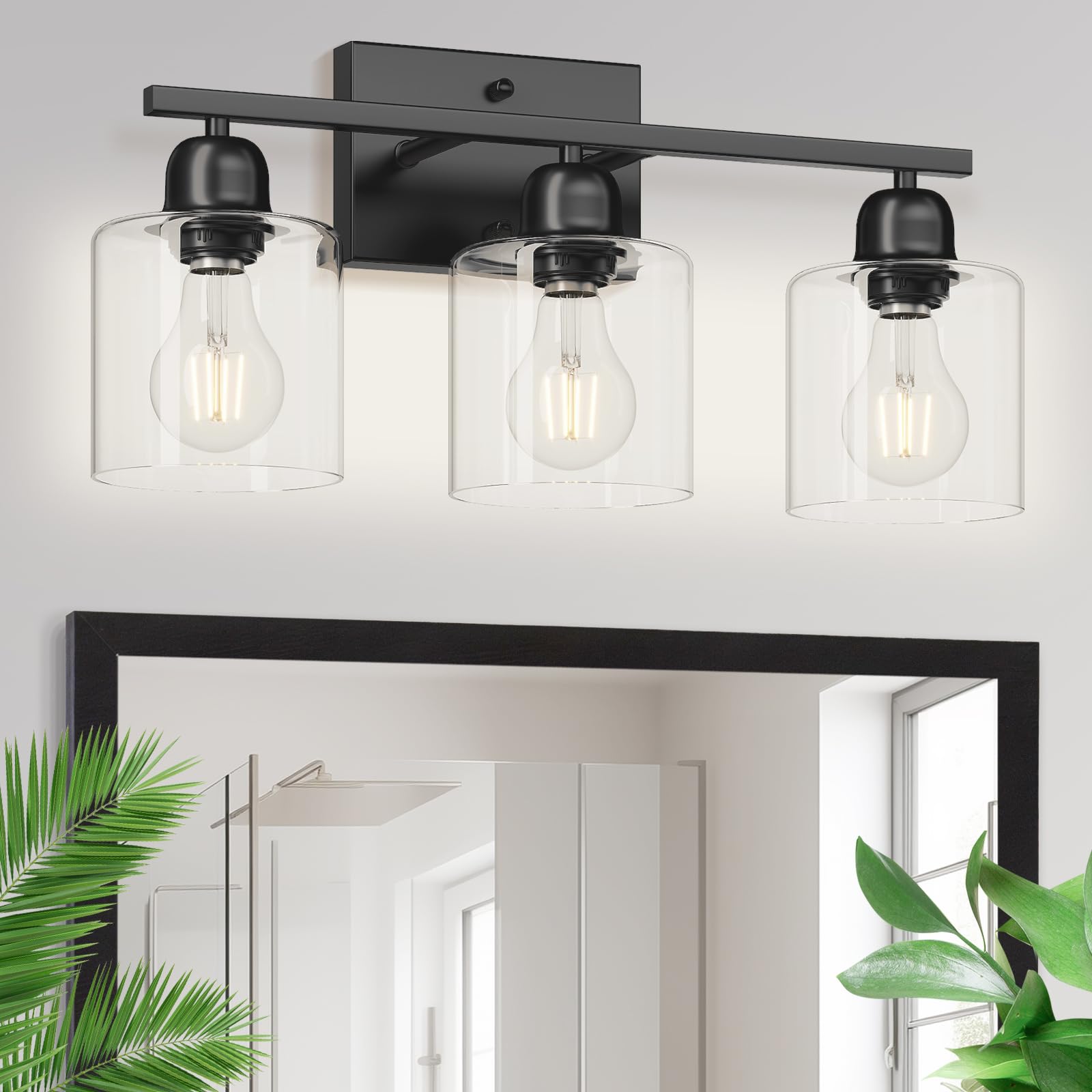 Modern 3 Light Bathroom Light Fixtures  19 inch Black Vanity Lights For Bathroom With Clear Glass  Bathroom Lighting Fixtures Over Mirror For Mirror Kitchen Living Room Hallway Cabinet Porch