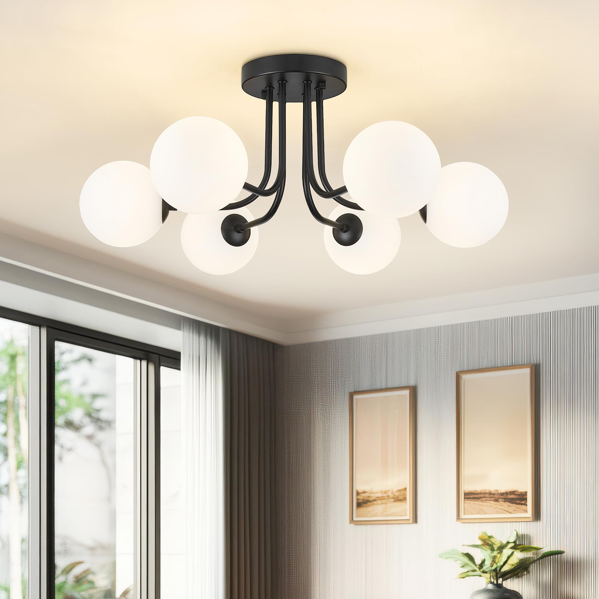 Cargifak Matte Black Semi Flush Mount Ceiling Light In Modern Farmhouse Design Features 6 Frosted Glass Shades, Ideal For The Li
