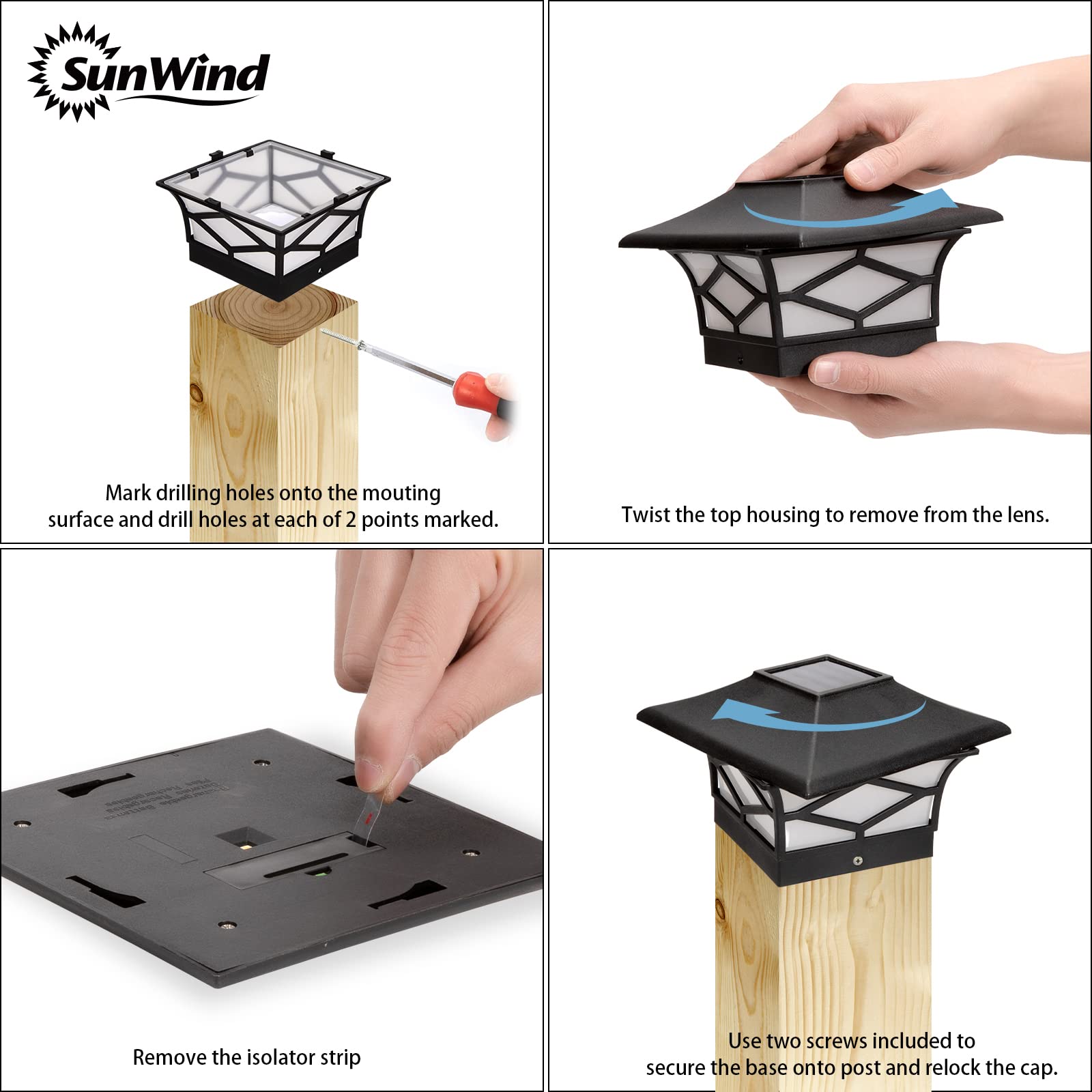 Solar Post Cap Lights Outdoor 4Pack, Waterproof Solar Powered Deck Fence Post Lights For 4X4 Wood/Vinyl Posts, Solar Outdoor Led