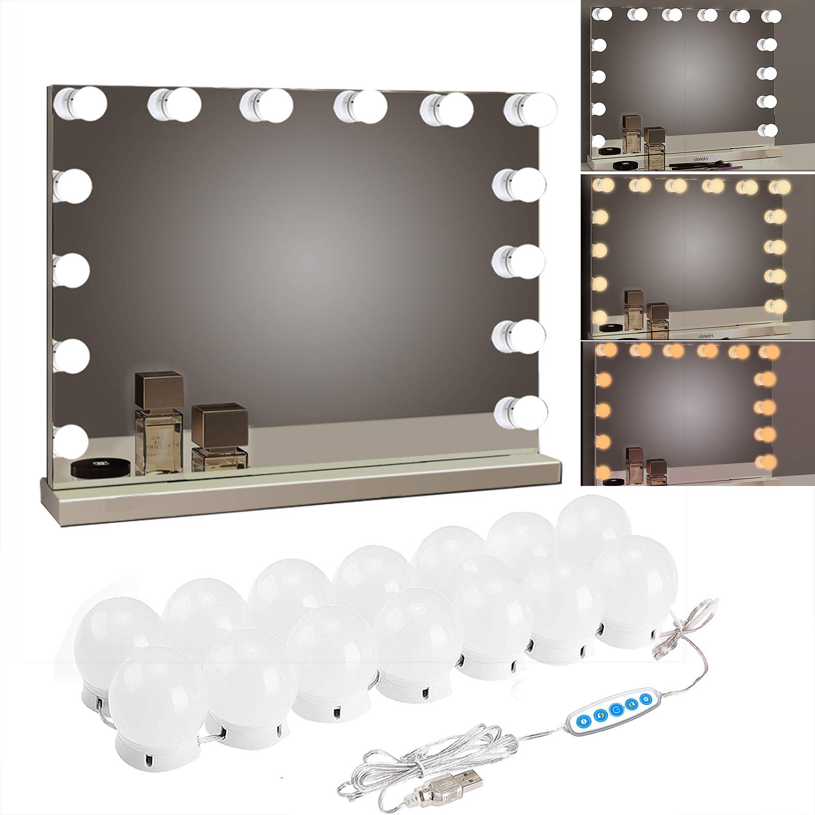 Siccoo Makeup Vanity Lights For Mirror, Hollywood Style Led Vanity Mirror Lights With 14 Dimmable Bulbs, Usb Cable, White