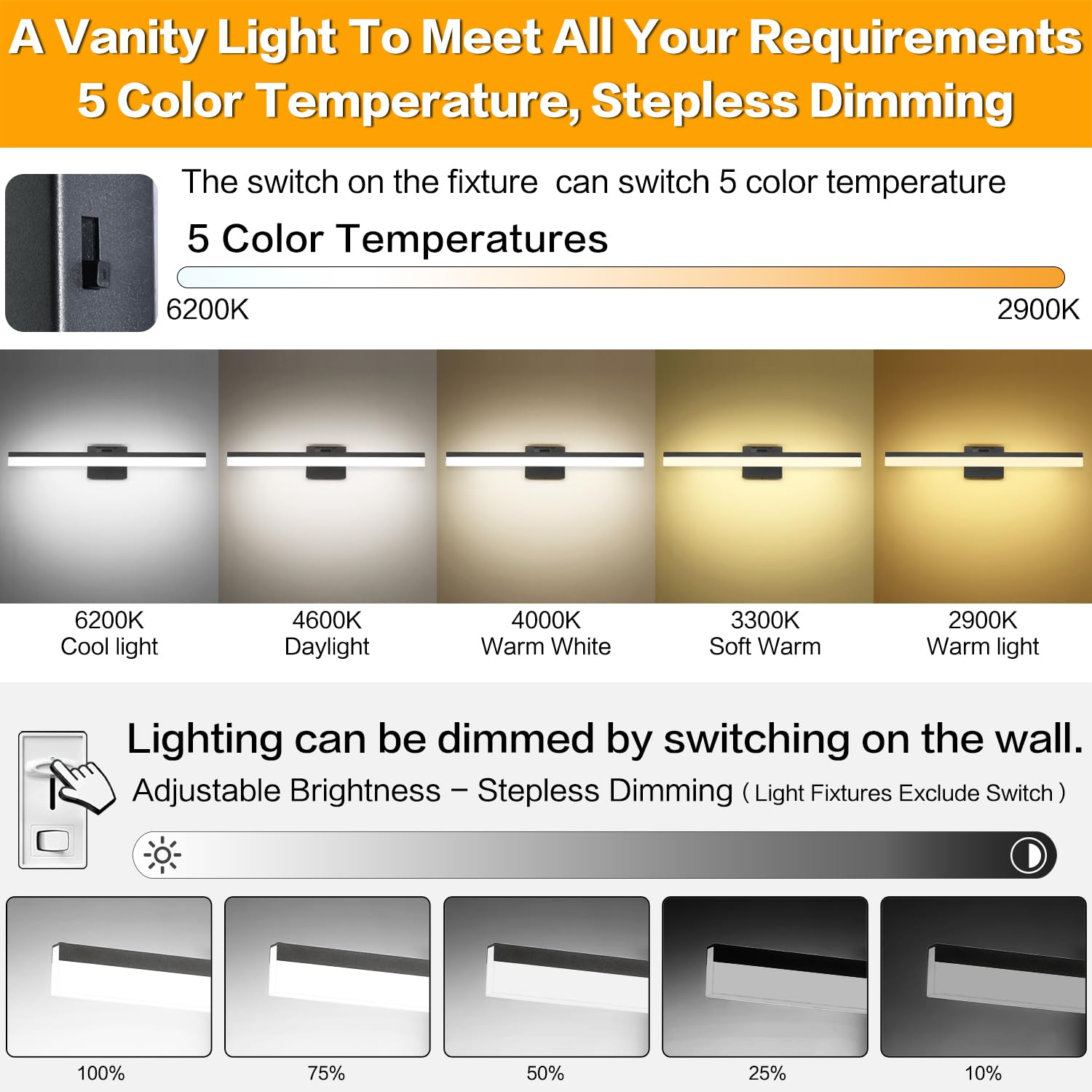 SOLFART LED Bathroom Light Fixture 5CCT Dimmable 24-inch Black Aluminum Vanity Light Over Mirror
