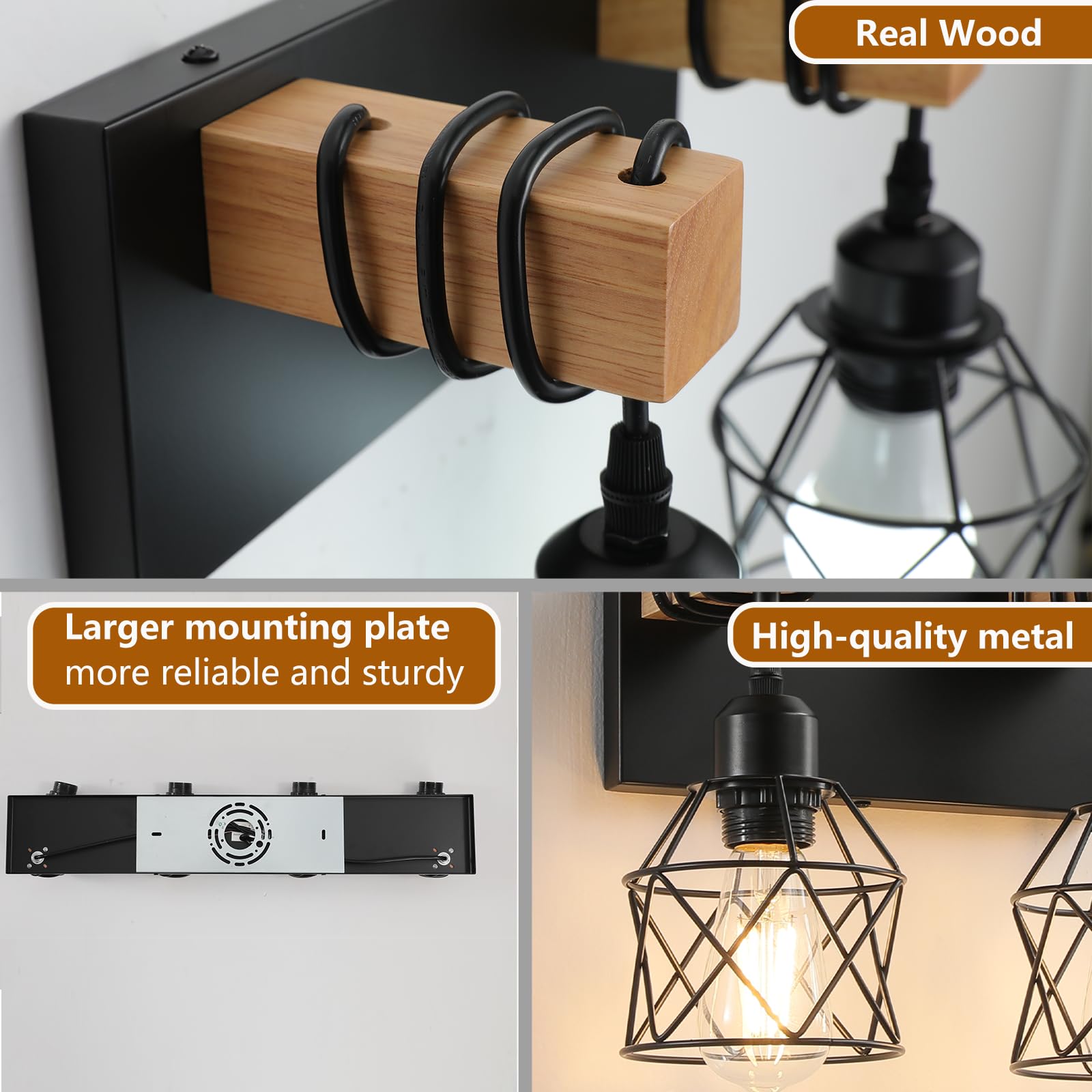 Farmhouse Vanity Light Fixture 5-Light Bathroom Lighting Black Industrial Wood Wall Light Over Mirror With Metal Shade Led Bulbs Not Included