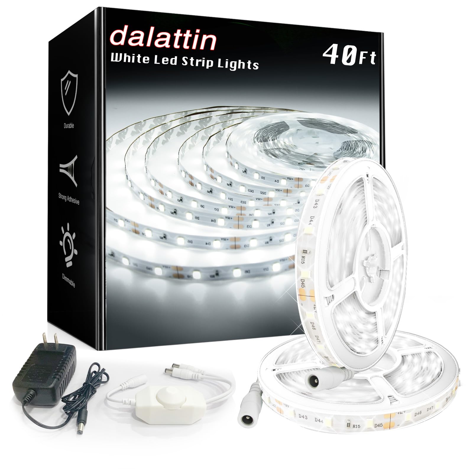 dalattin White LED Strip Lights 40ft Dimmable 6500K 720 LEDs Vinyl Tape for Bedroom Kitchen Home Decoration