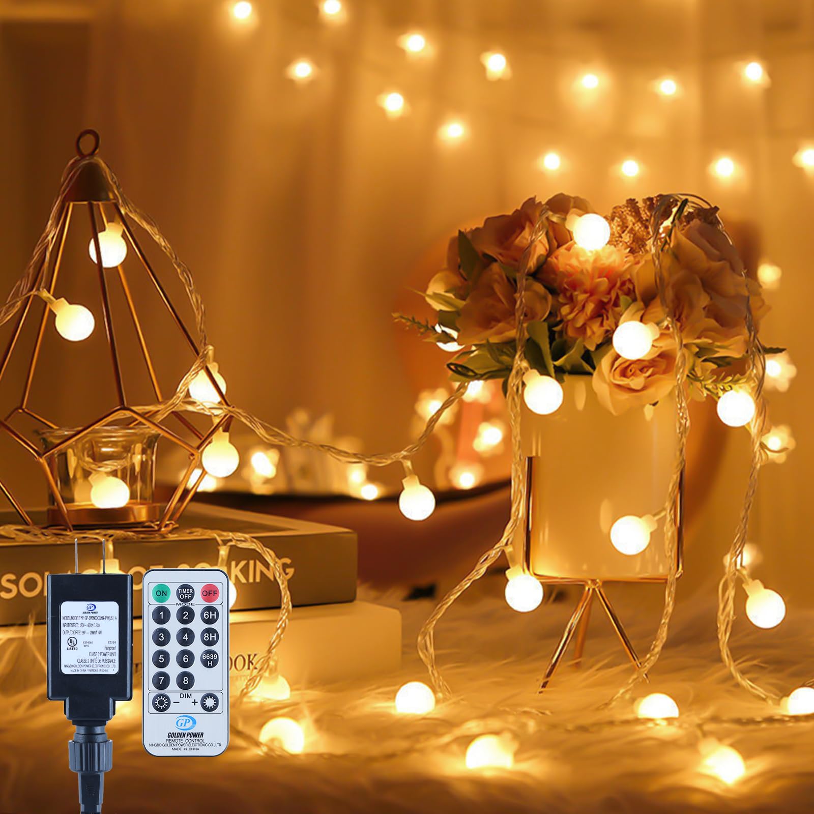 Globe String Lights, 200Led 75FT Fairy Lights Plug in 8 Modes with Remote Control Waterproof Outdoor Indoor String Lights, Fairy Lights for Bedroom, Garden, Party, Wedding, Warm White