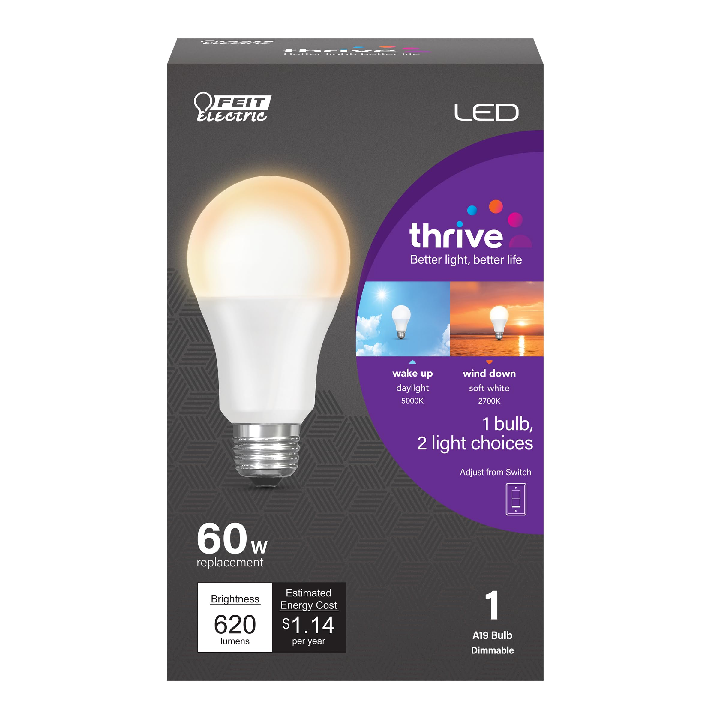Feit Electric LED Circadian Rhythm Intellibulb - A19 with an E26 Medium Base Light Bulb - 60W Equivalent - 15 Year Life - 620 Lumen - 2700K Soft White and 5000K Daylight