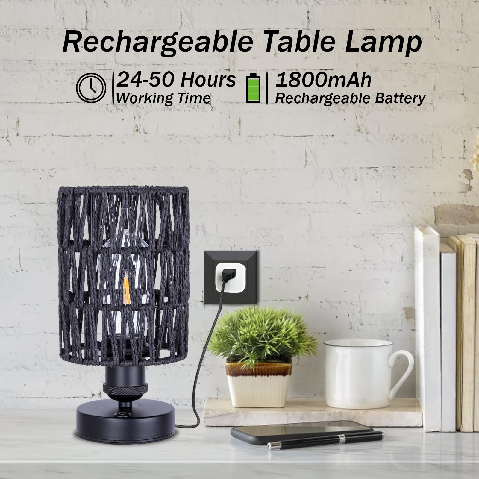All Fortune Cordless Outdoor Table Lamps, Rechargeable Rattan Boho, Dimmable Battery Operated For Patio, Home, Living Room, Bedr