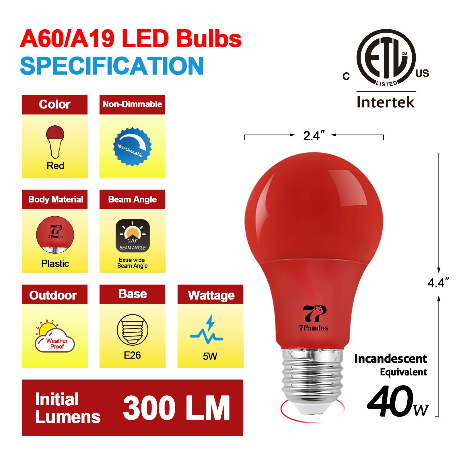 7Pandas Red Light Bulbs 5W (40 Watt Equivalent), 120V E26 Base A19 Red Led Lights For Christmas, Halloween, Wedding, Party, Bar,