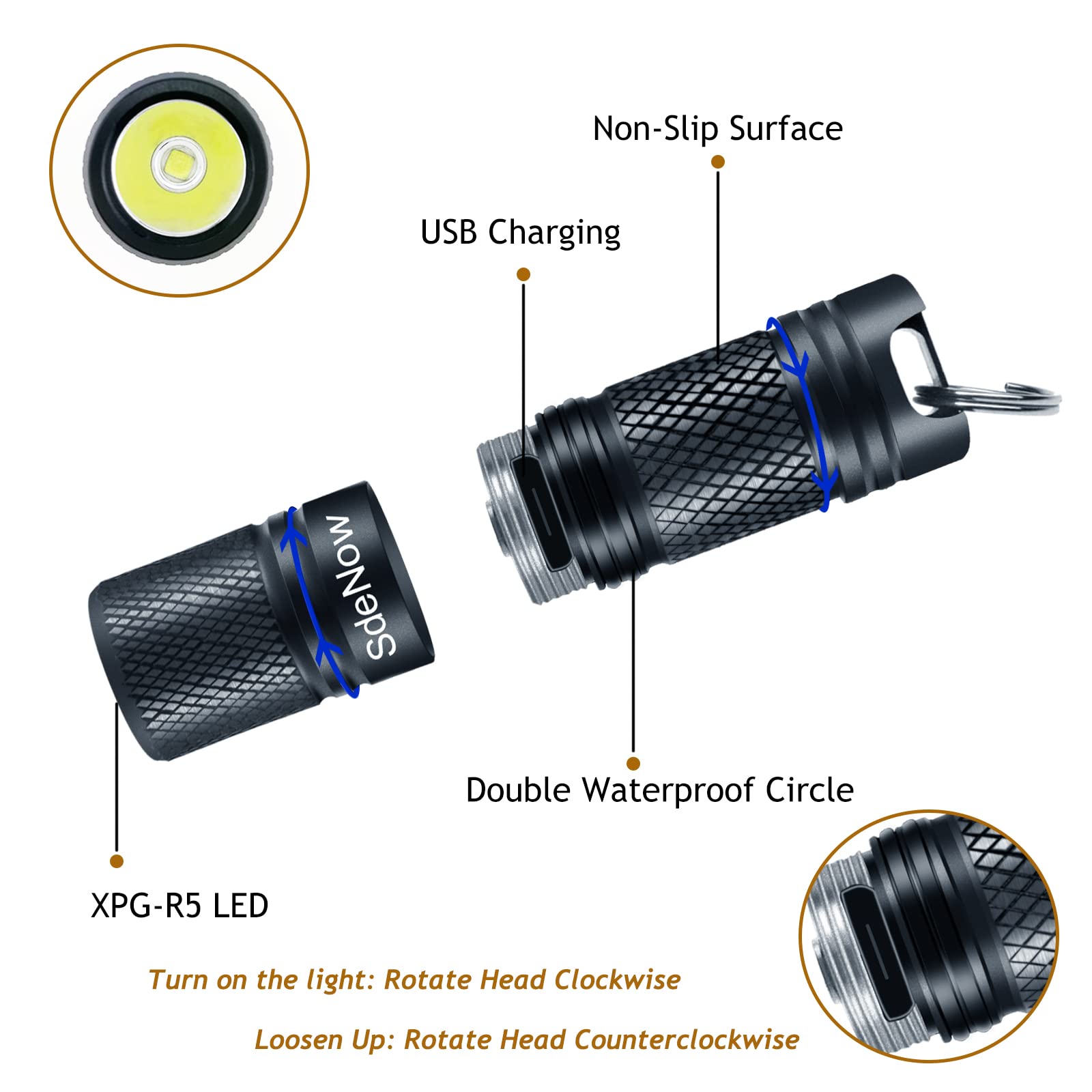 SdeNow Mini Flashlight Keychain, 200 Lumens, Metal, Black, Model MN02, Micro USB Rechargeable EDC Torch