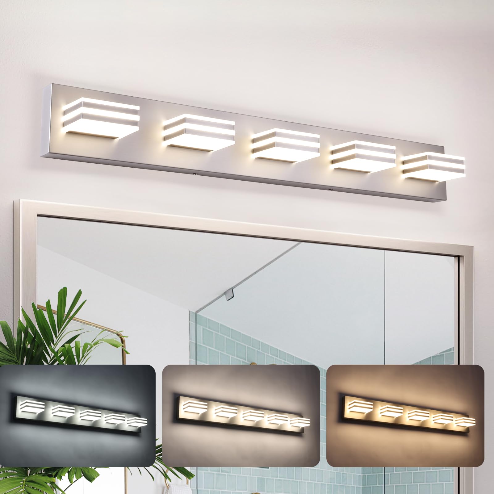 yumcrelect LED Wall Brushed Nickel Vanity Lights for Bathroom Light Fixtures 30W Adjust 3 Colors Modern Bath Lighing Over Mirror LED Vanity Light (5-Light 34inch)