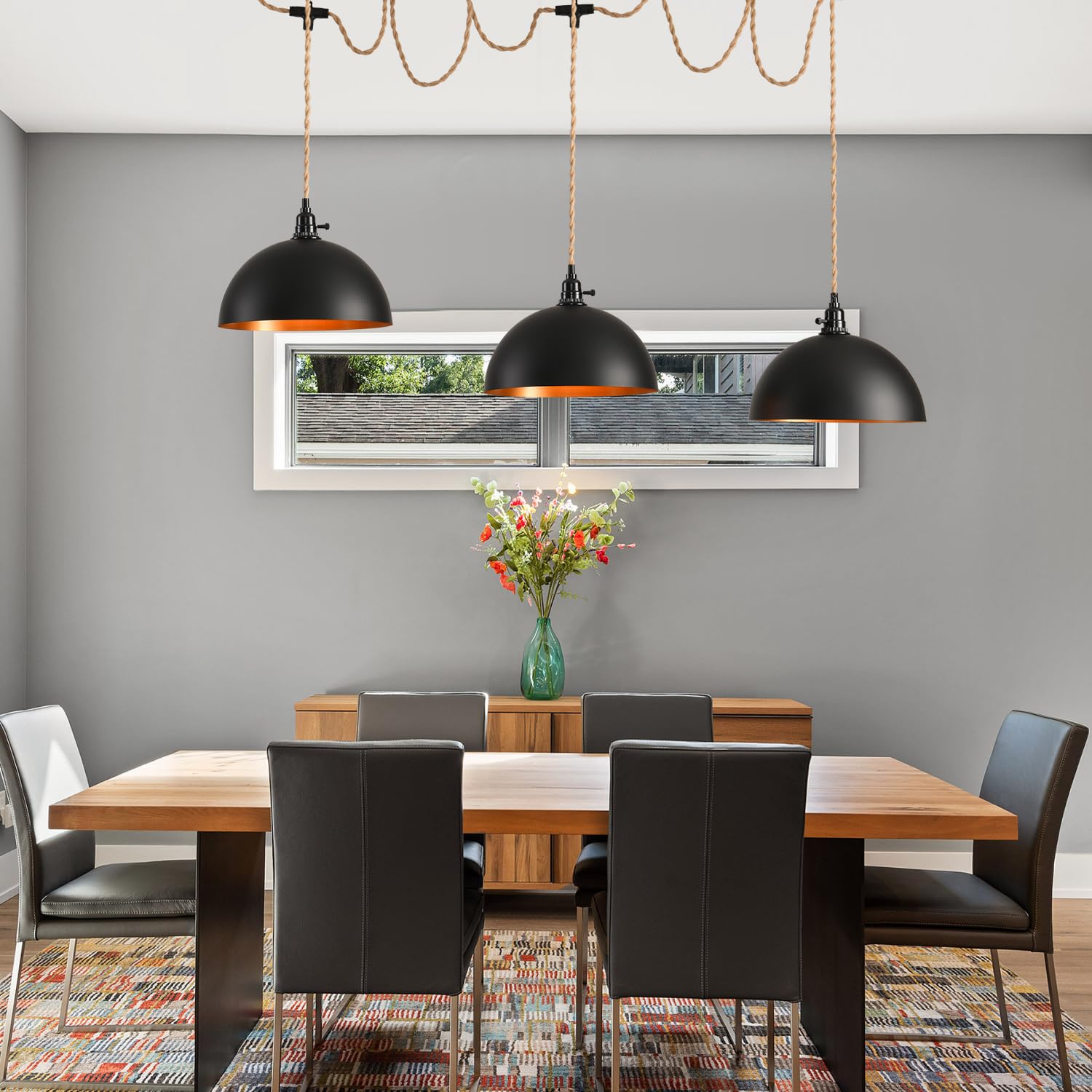 Kenmi 3-Light Hanging Light With Plug In Cord,Plug In Pendant Light 22Ft Hemp Rope Pendant Lighting Vintage 3-Light Hanging Lamp