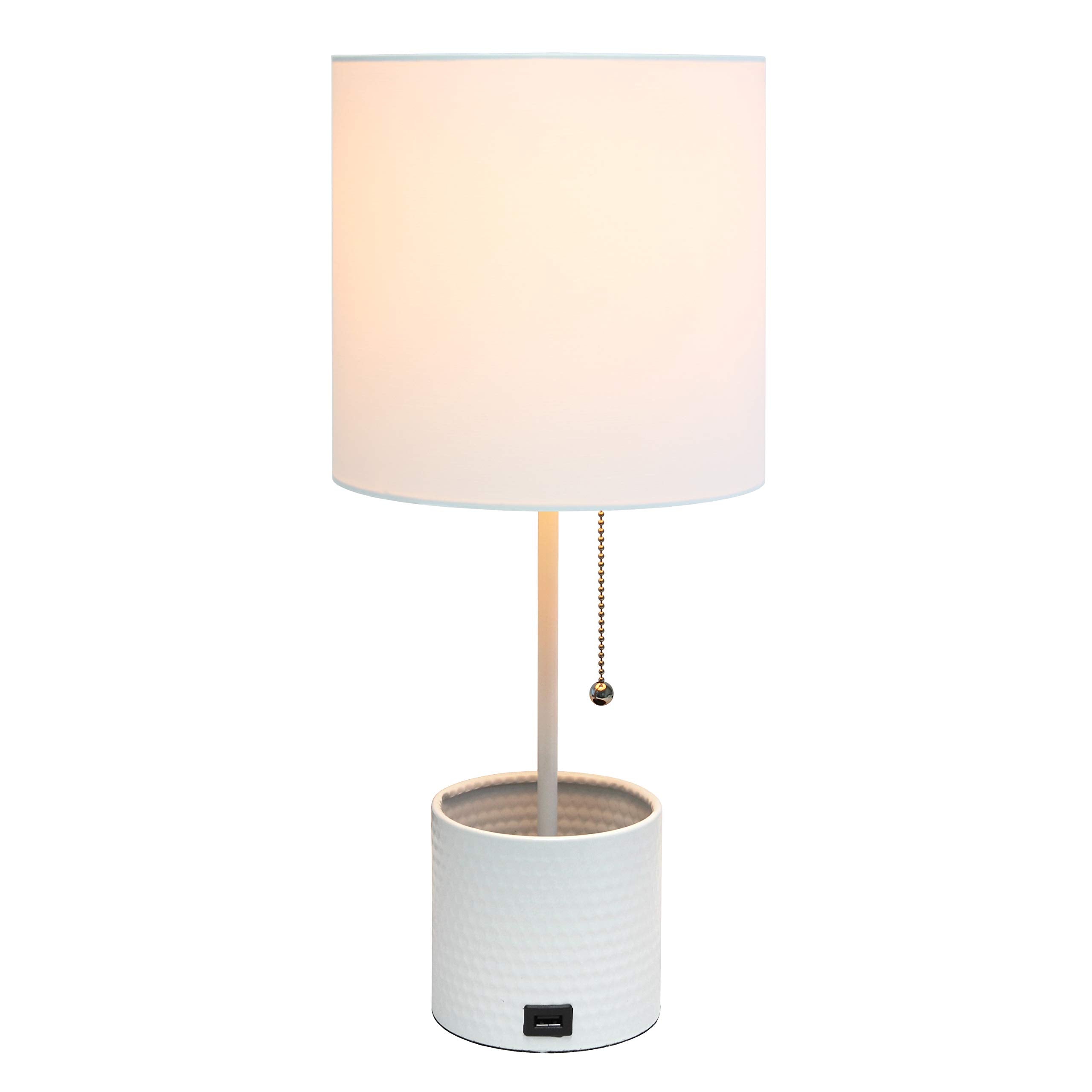 Simple Designs Lt1085-Wht Hammered Metal Organizer Table Lamp With Usb Charging Port And Fabric Shade, White