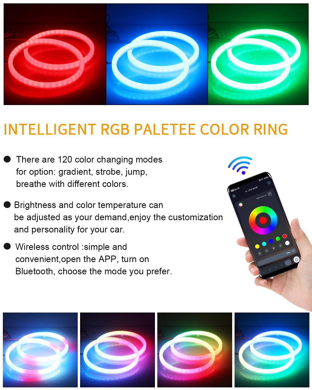 Qasim Angel Eyes Halo Rings LED Lights 12V RGB 100MM Multicolor Cotton for Car Scooter Motorcycle DRL with Bluetooth Control 2-Pack