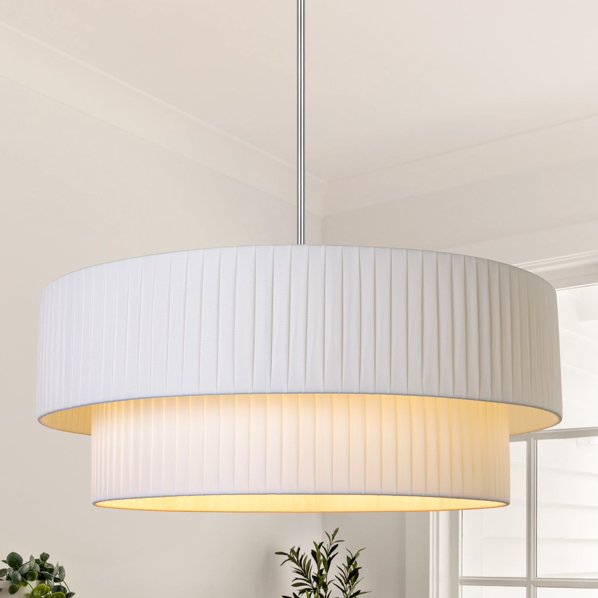 Lamqee Large 5-Light Drum Chandelier, 2-Layer 23.6Inch-Chrome Ceiling Light Fixture With Fabric Shade Modern Hanging Pendant Lig