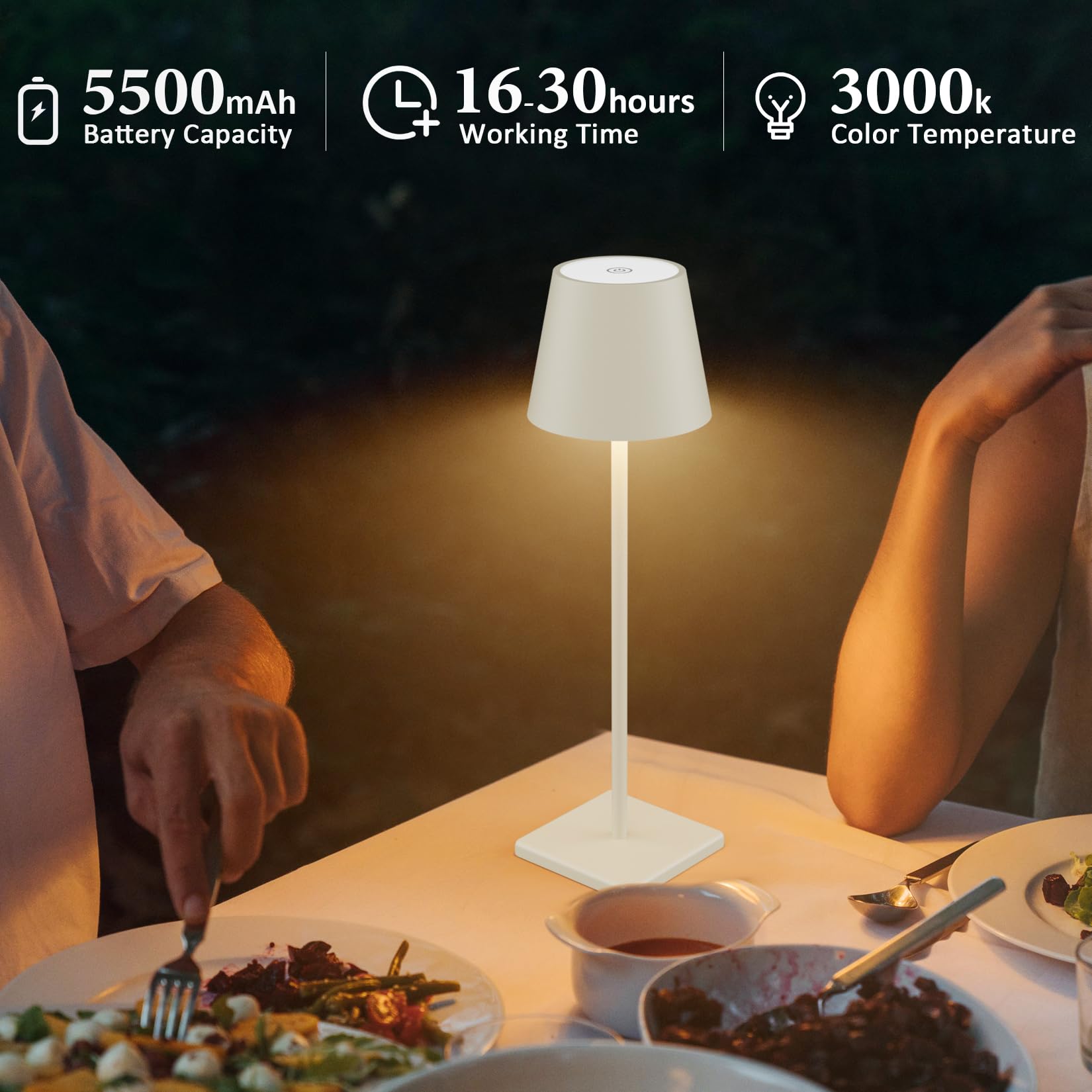 Aoceley 2-Pack LED Cordless Table Lamp, 3W Rechargeable, Stepless Dimming, IP54 Waterproof, Off White, Model HT-010