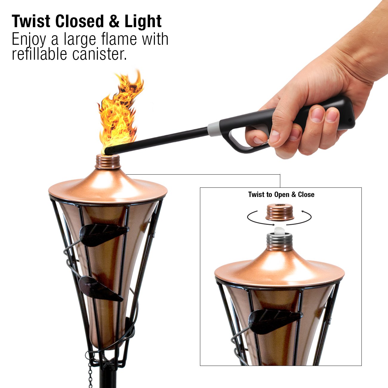 Matney Outdoor Metal Patio Torches - 60 Inch, 2 Pack, Bronze, Fiberglass Wick, Snuffer Cap for Deck, Patio, Backyard, and Weddings