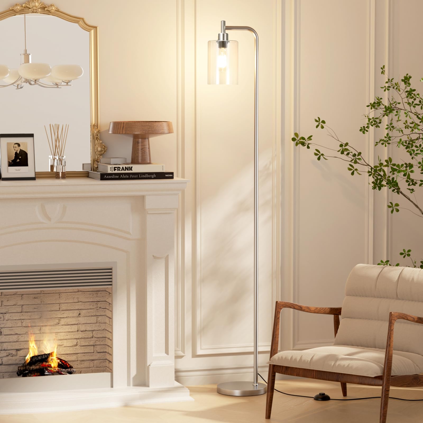 Ziisee Floor Lamps For Living Room - Industrial Standing Lamp With Glass Shade, Modern Floor Lamp With Led Bulbs, Tall Lamp For Bedroom Office - Brushed Nickel