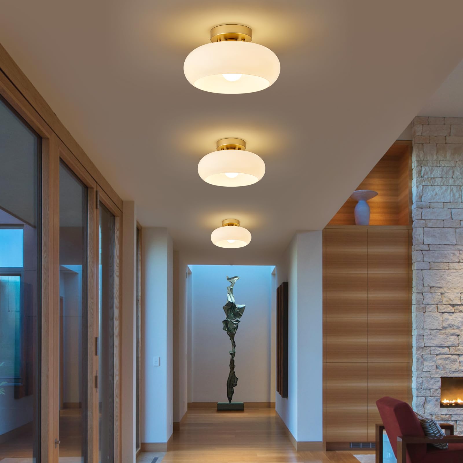 Woknos Mid-Century Modern Gold Semi Flush Mount Ceiling Light, Kitchen Ceiling Light Fixture With Glass Shade, Vintage White Clo