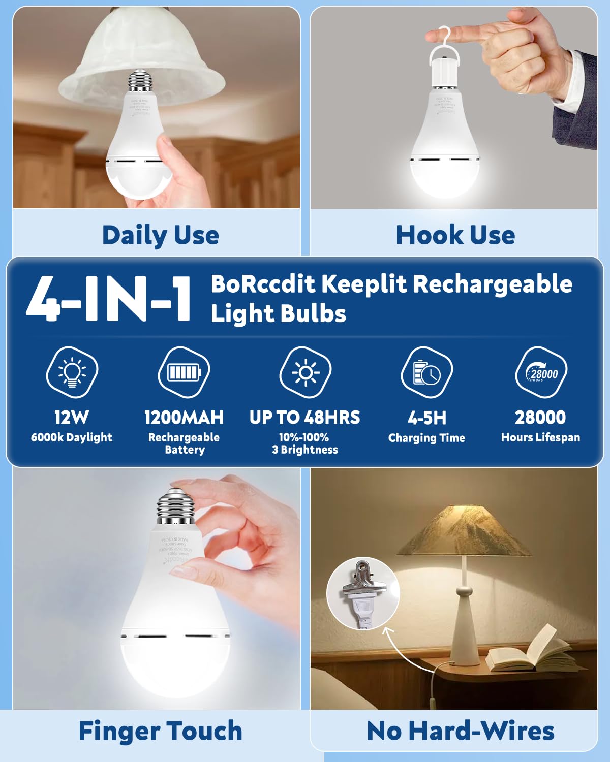 Borccdit Keeplit 6 Pack Emergency Rechargeable Light Bulbs, 48H Long Lasting & 3 Brightness Battery Light Bulb,12W 5000K Battery