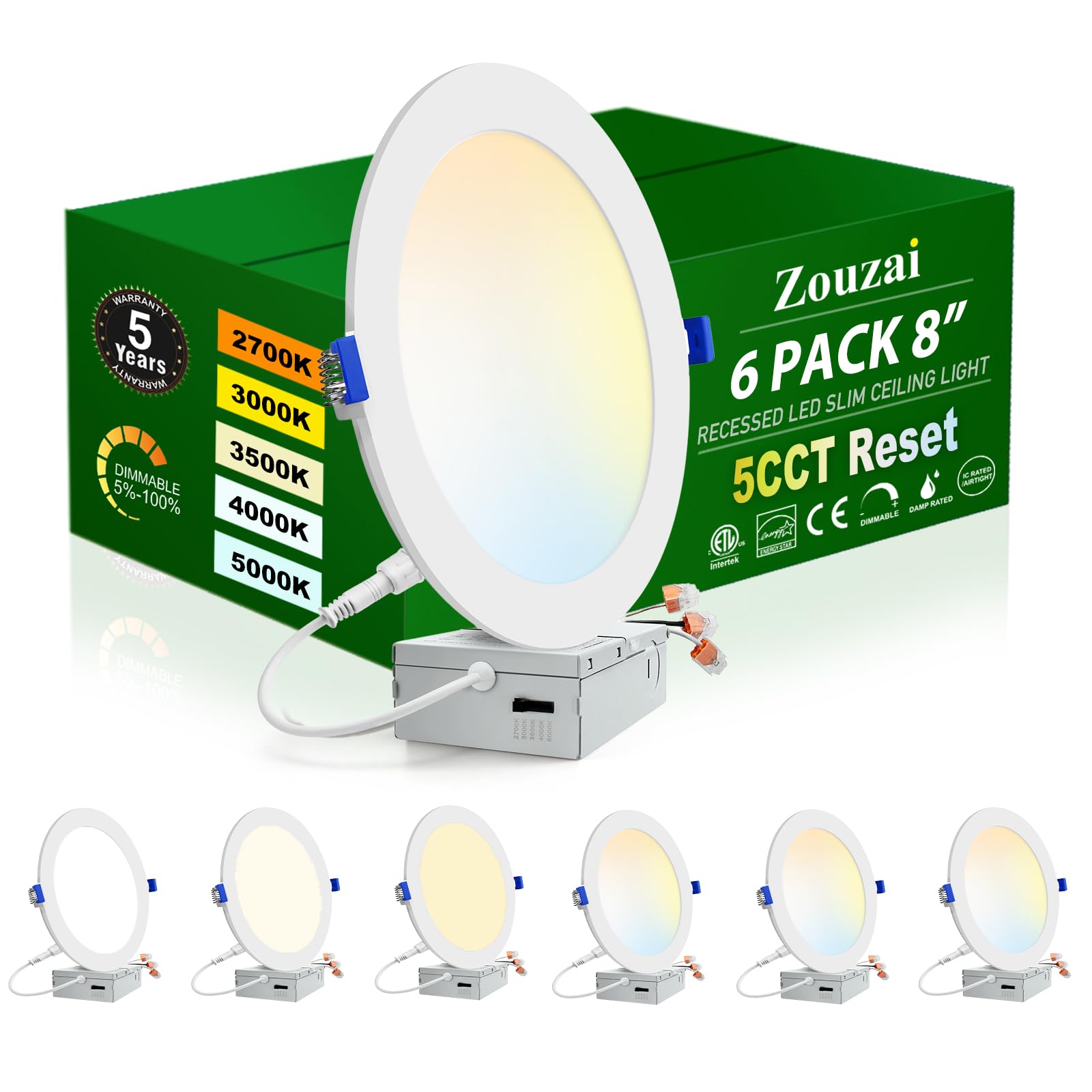 zouzai 6 Pack 8 Inch 5CCT Ultra-Thin LED Recessed Ceiling Light with Junction Box, 2700K/3000K/3500K/4000K/5000K Selectable, 18W