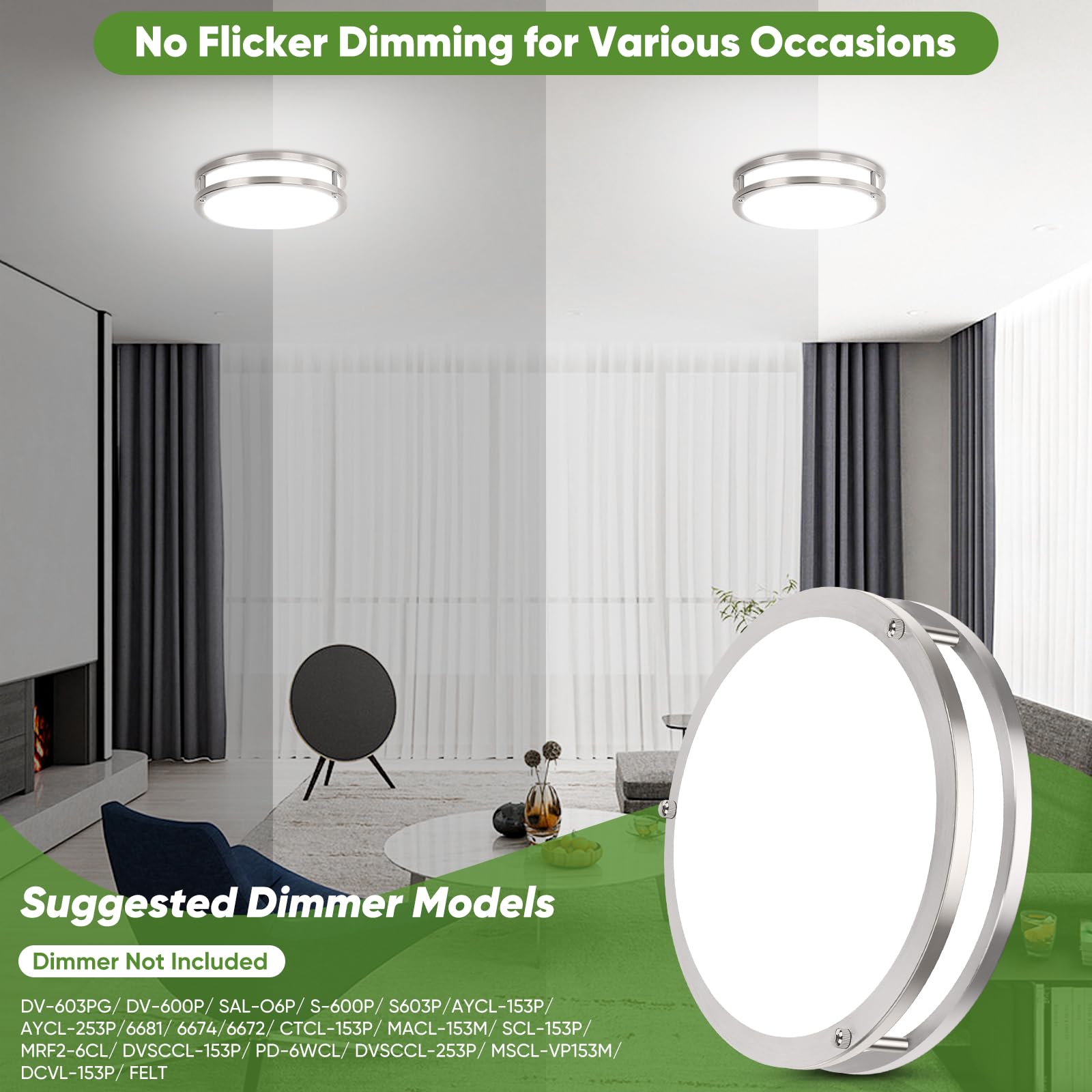 TOBUSA 10 Inch LED Flush Mount Ceiling Light, Dimmable, 5 Color Options, Brushed Nickle, Model 62425008-03