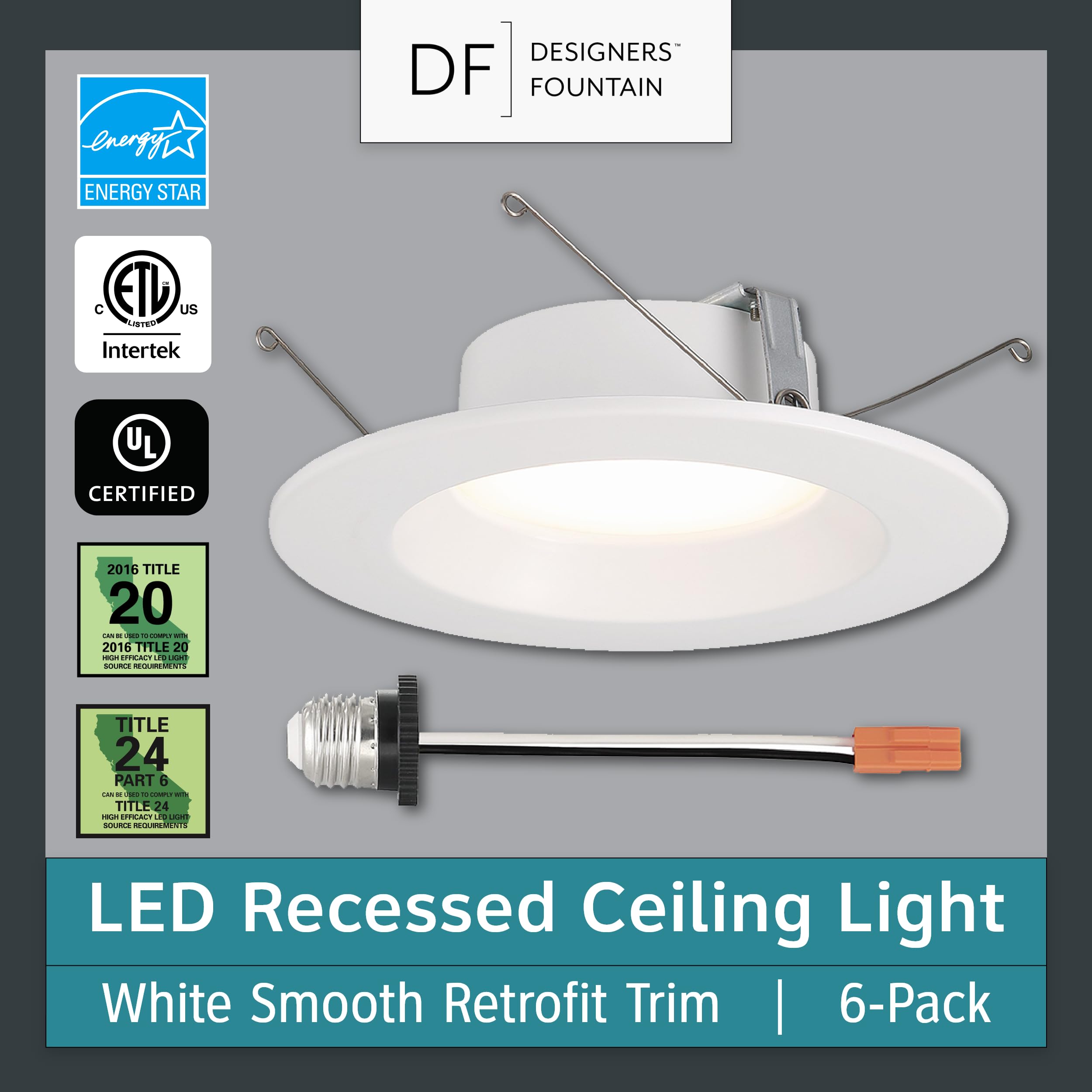 DESIGNERS FOUNTAIN LED Recessed Ceiling Lights, 6 Pack 5/6 Inch 5CCT Downlight Metal Lighting Fixture, Dimmable, 1000 Lumens, 27