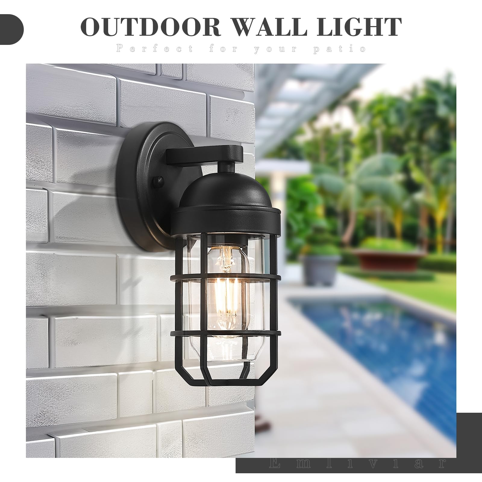 Emliviar Farmhouse Outdoor Wall Light - 2 Pack, Black Finish, Durable Metal Cage, Clear Tempered Glass, Model GE255B-2PK BK