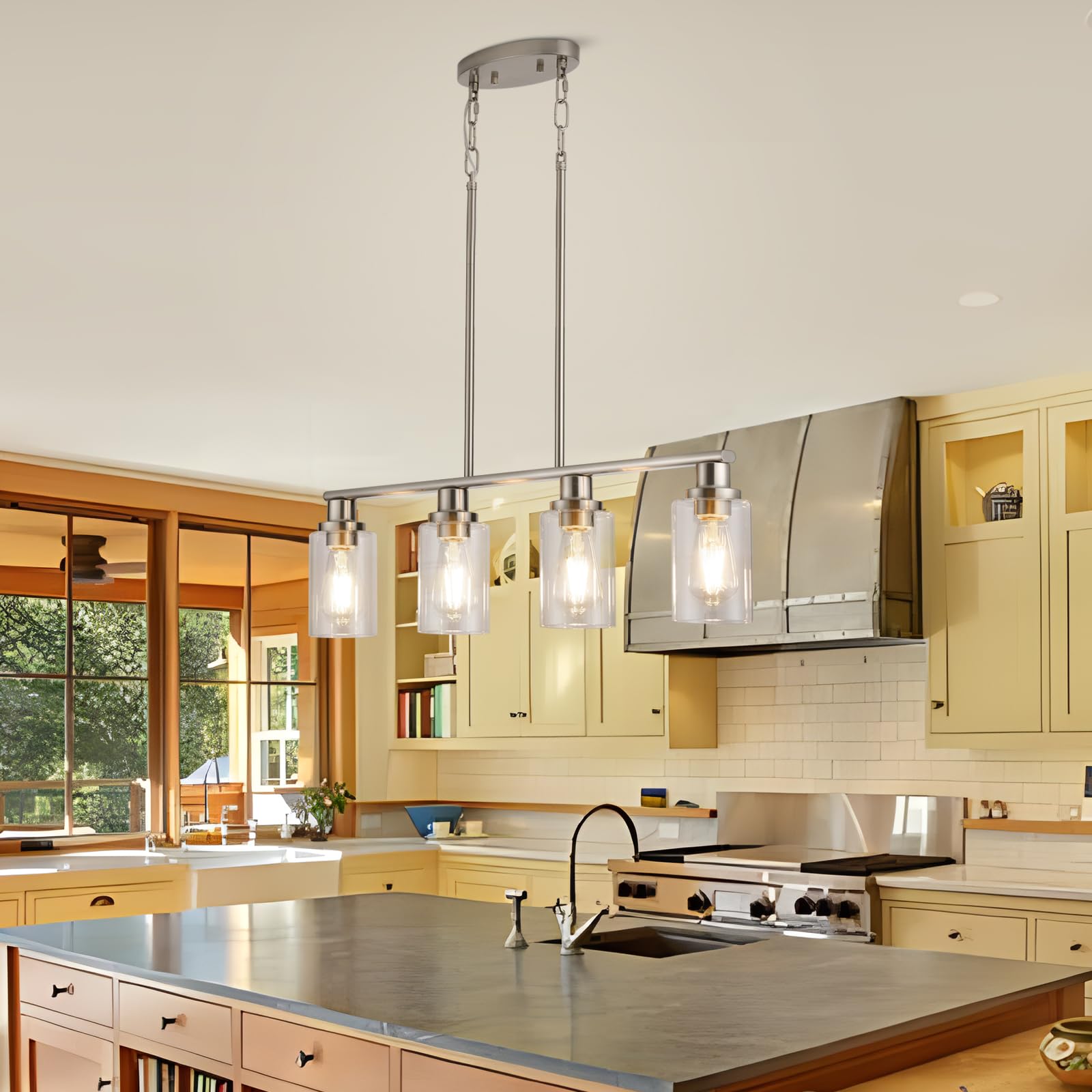 KPIOK 4-Light Kitchen Island Lighting Chandelier, Satin Brushed Nickel, Metal with Clear Glass Shade, Model BB003P-