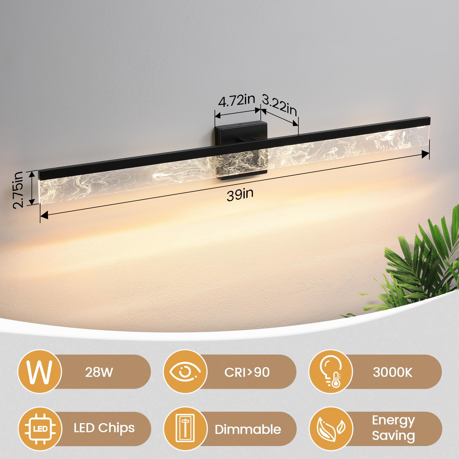 AIJIASI Bathroom Vanity Light Bar, 39 Inch, Black LED, 28W Dimmable, Model 8205WL-39BK-US, Modern Acrylic Lighting Fixture