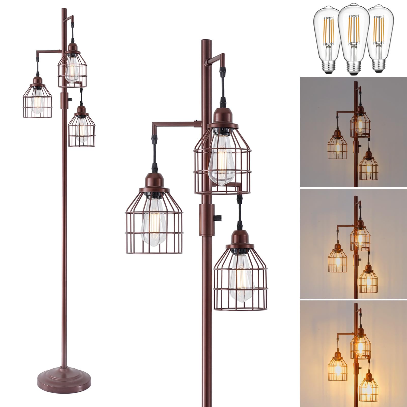 9MMML Floor Lamp for Living Room, Farmhouse Industrial Dimmable Floor lamp, 3 Lights Metal Cage Tree Standing Lamp,68'', 3Pcs LE
